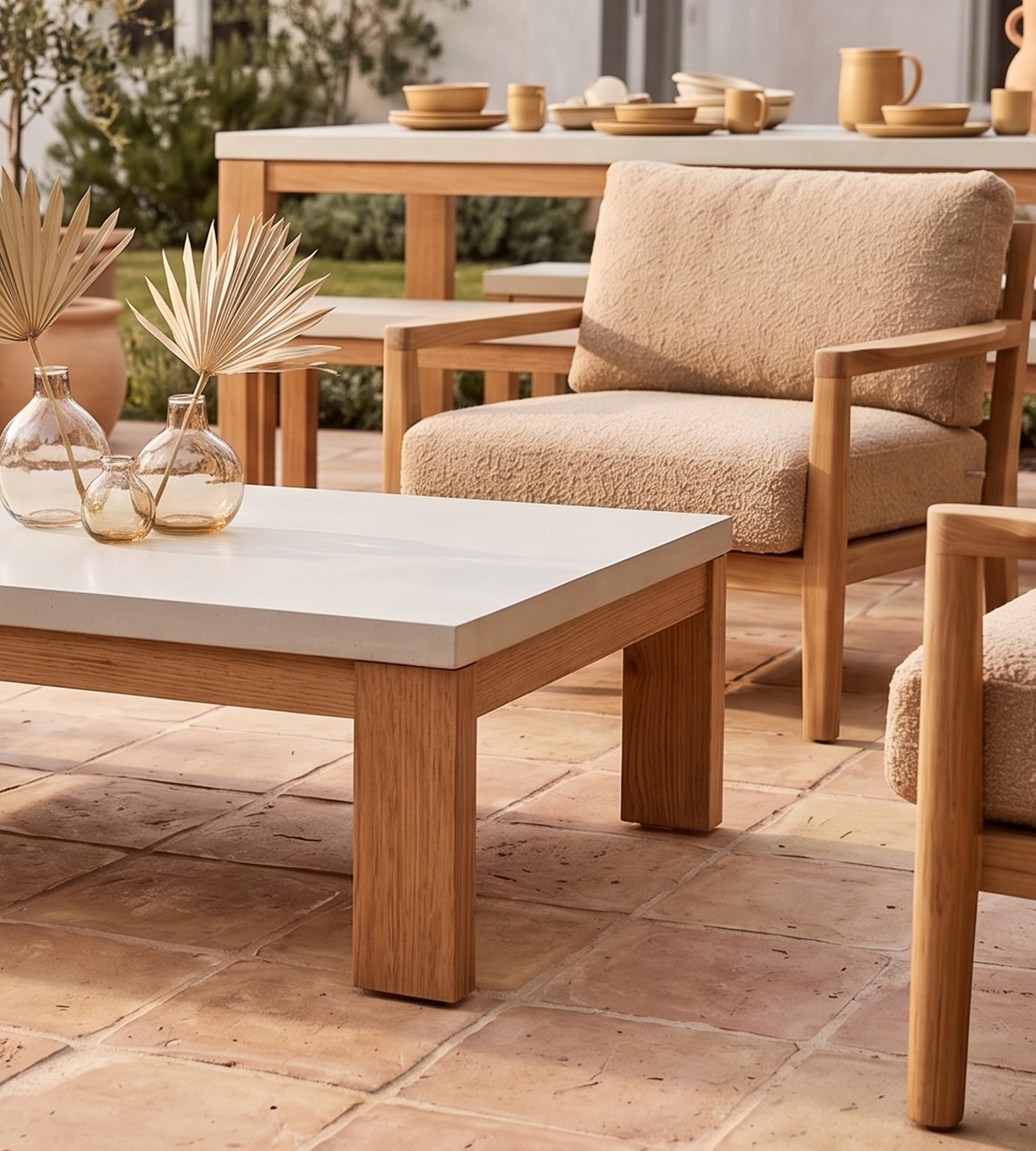 Laconian concrete coffee table close-up with boucle armchair and dried palms in glass vases on a terracotta-tiled patio