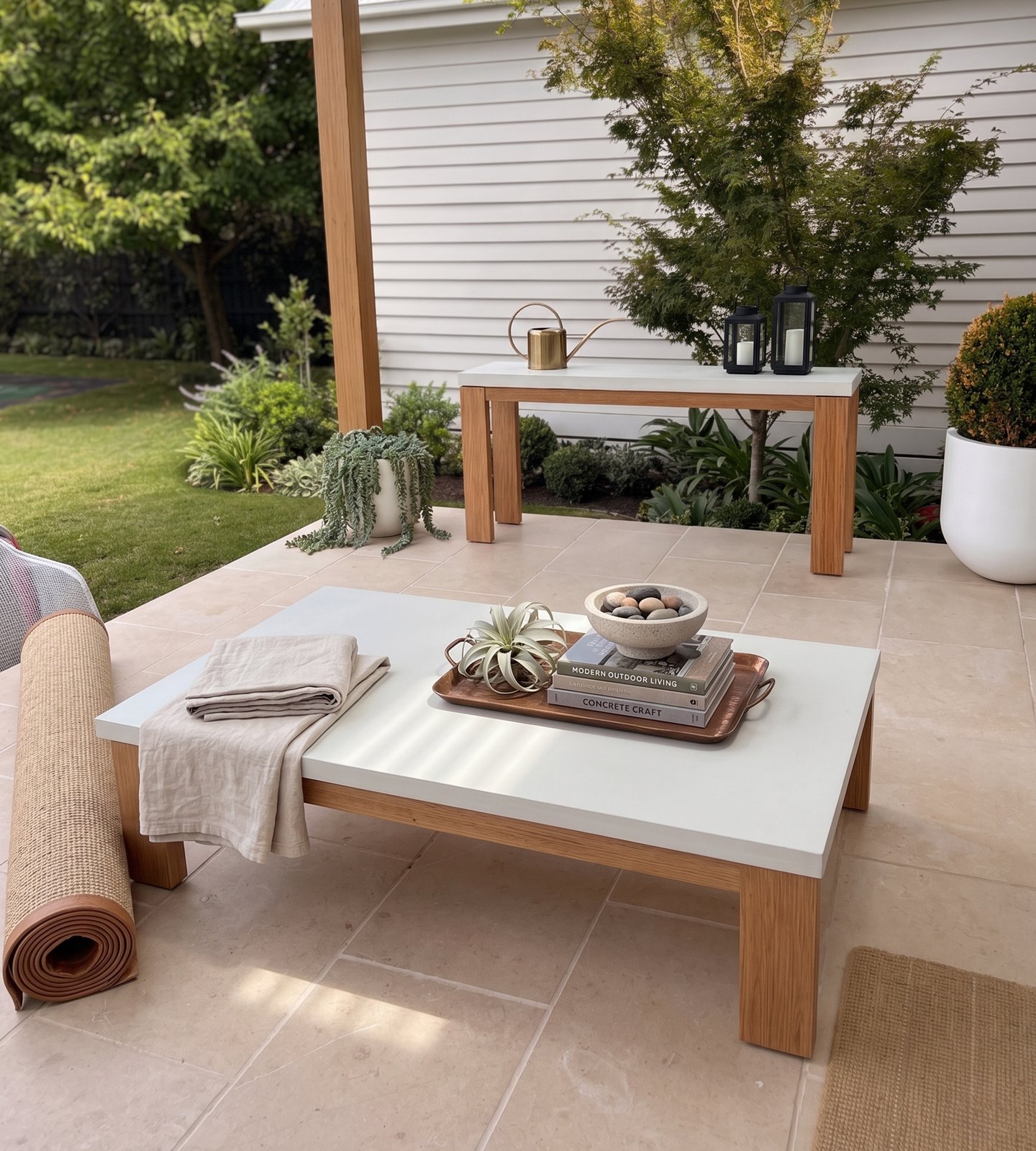 Laconian white concrete coffee table on a paved garden patio with linen throw, lanterns, and matching console table