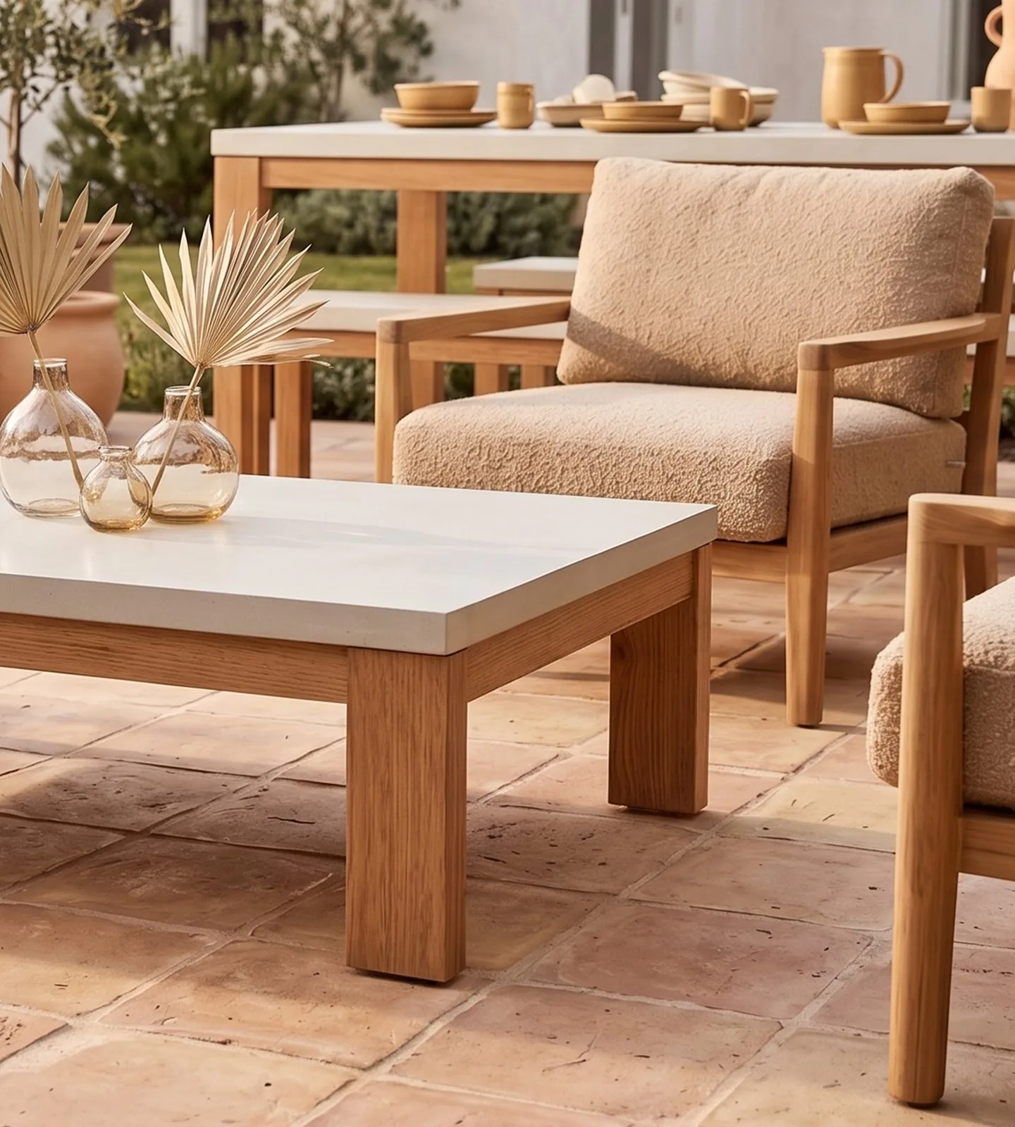 Laconian white concrete coffee table close-up with boucle armchair and dried palms in glass vases on a terracotta-tiled patio