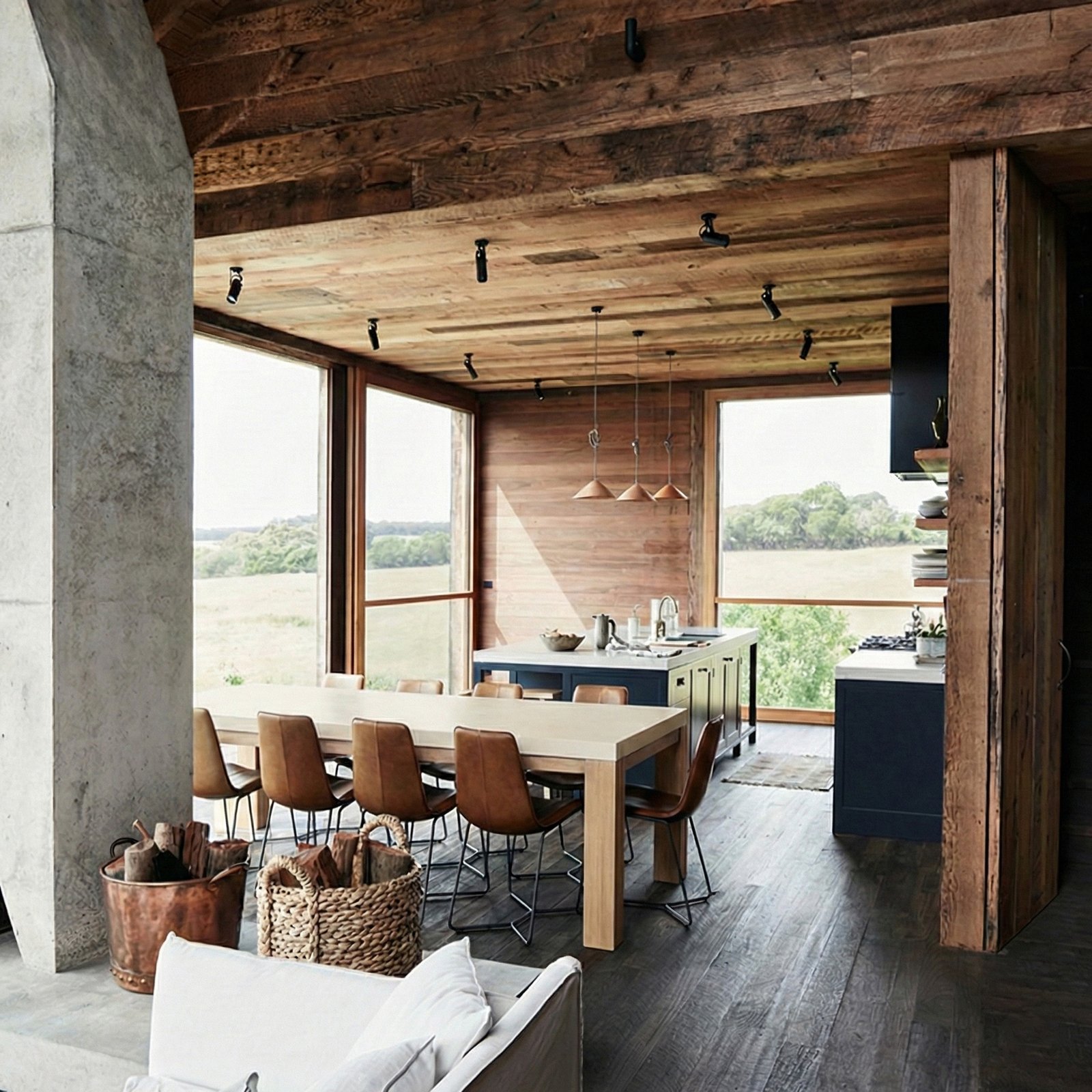 Laconian white concrete dining table with oak legs in a reclaimed-timber kitchen and dining room with tan leather chairs, copper pendants and a paddock view