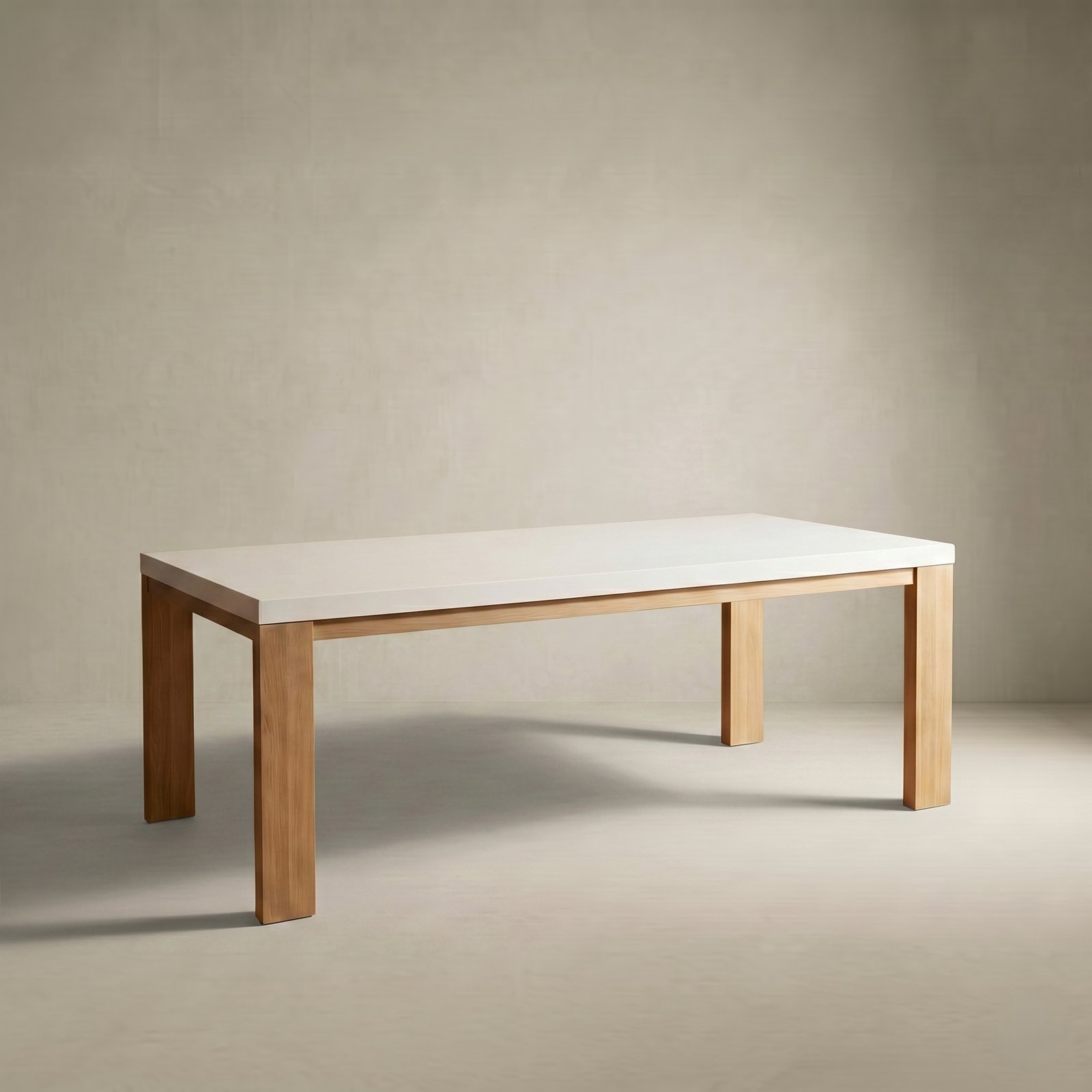 Laconian white concrete dining table with bone-white top and natural oak legs, studio render on a neutral backdrop