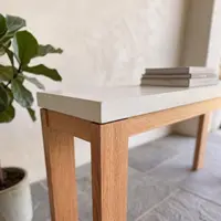 Close-up corner detail of the Laconian white concrete hall table on bluestone paving with a fiddle-leaf fig planter alongside