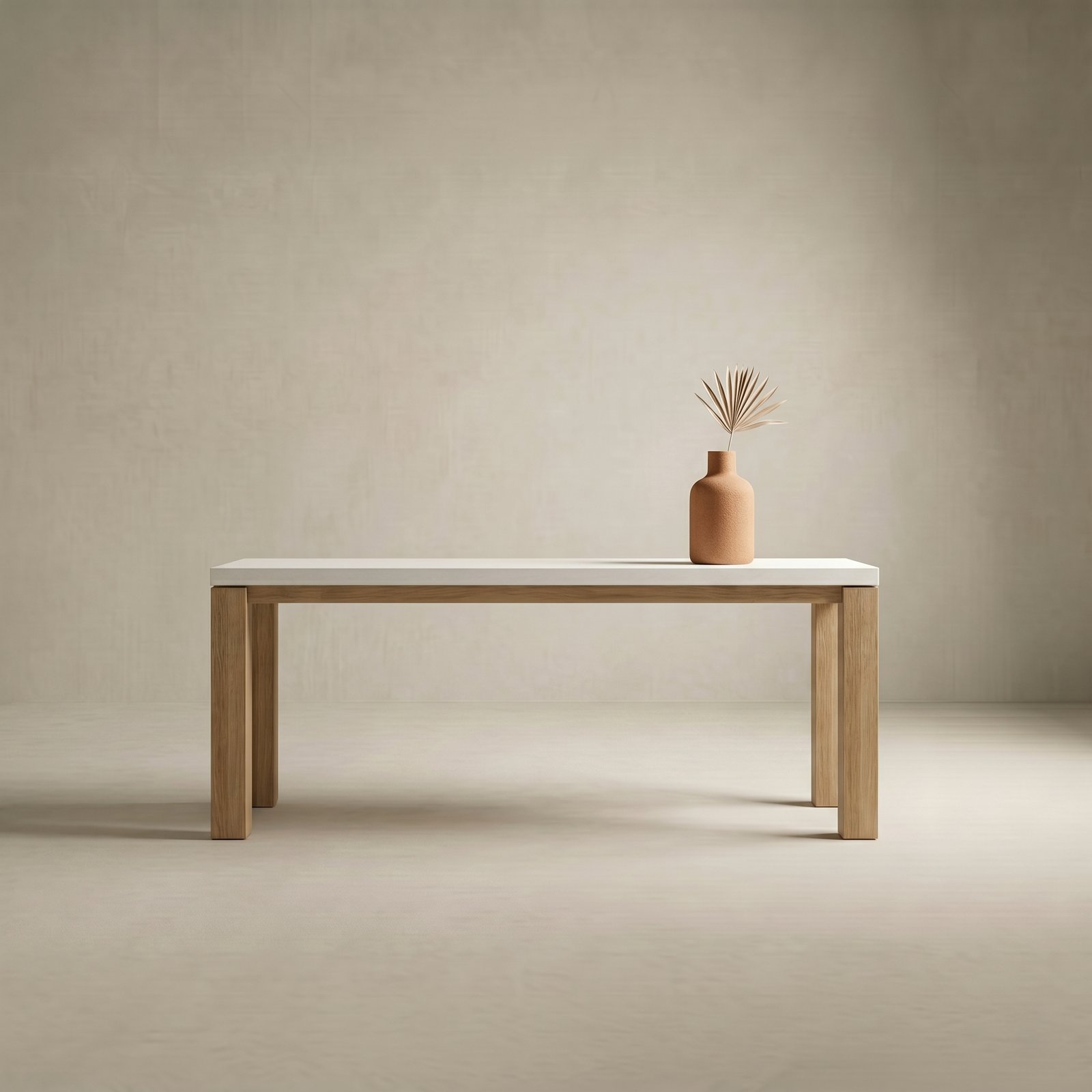 Laconian concrete hall table close-up showing the white concrete top, oak frame and slate-floor styling