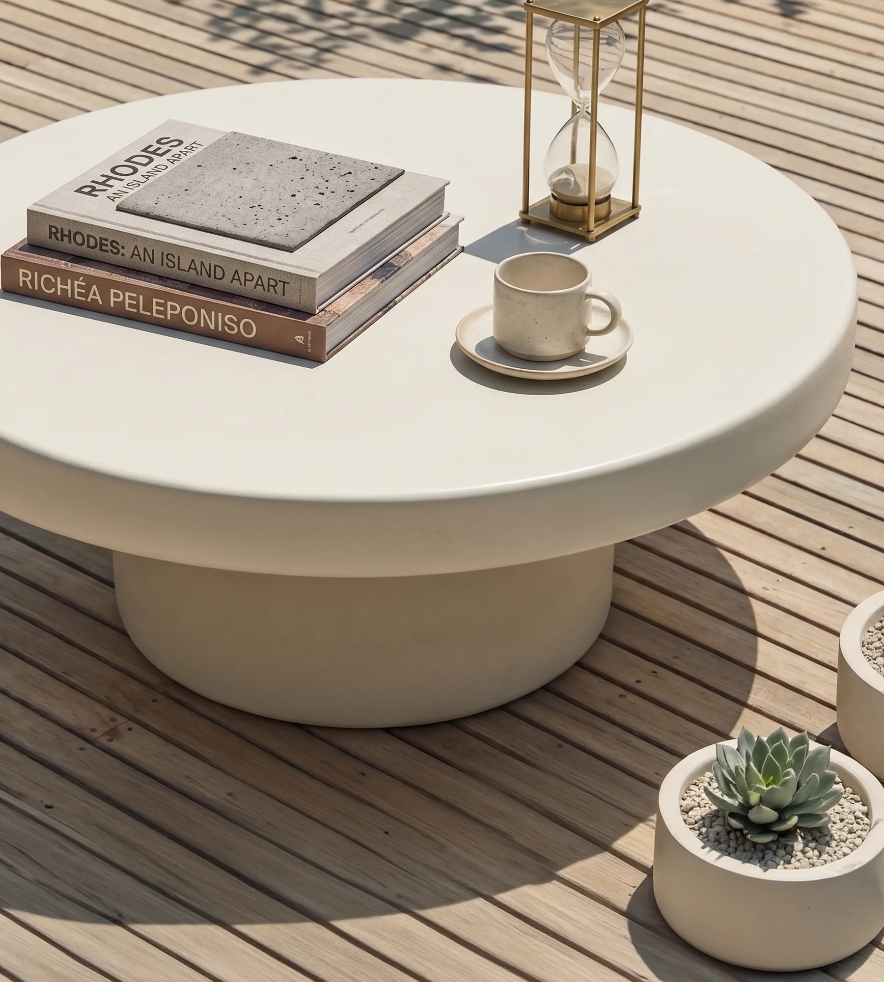 Bone-white round Milano concrete outdoor coffee table on a timber deck, styled with hardcover books, brass hourglass and ceramic cup