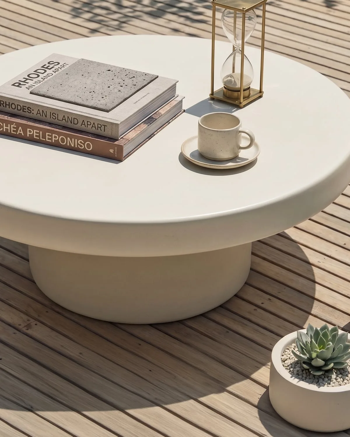 Bone-white round Milano concrete outdoor coffee table on a timber deck, styled with hardcover books, brass hourglass and ceramic cup