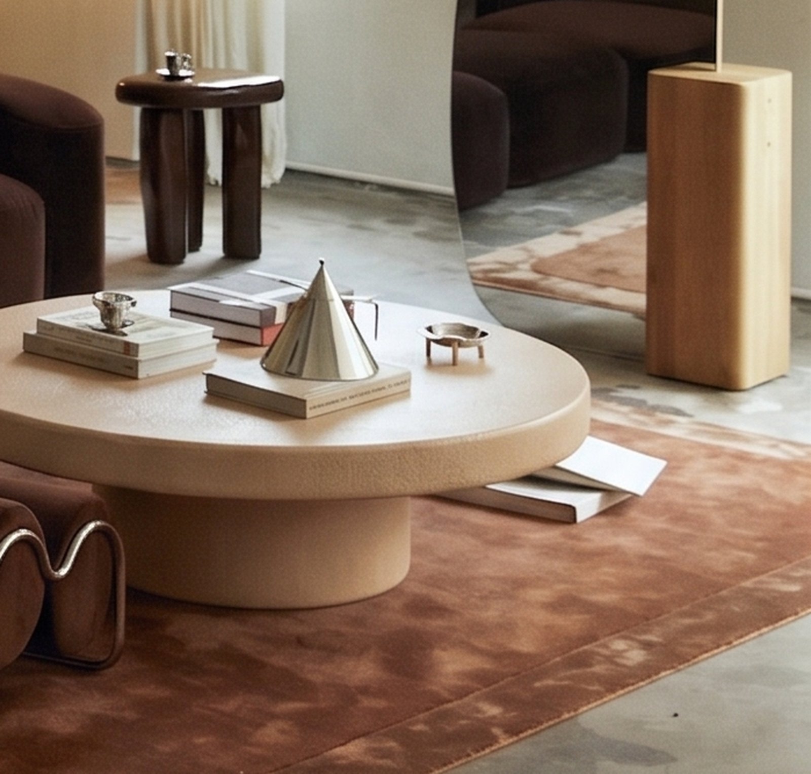 Milano round oyster concrete coffee table close-up with cone sculpture, books and brown velvet seating