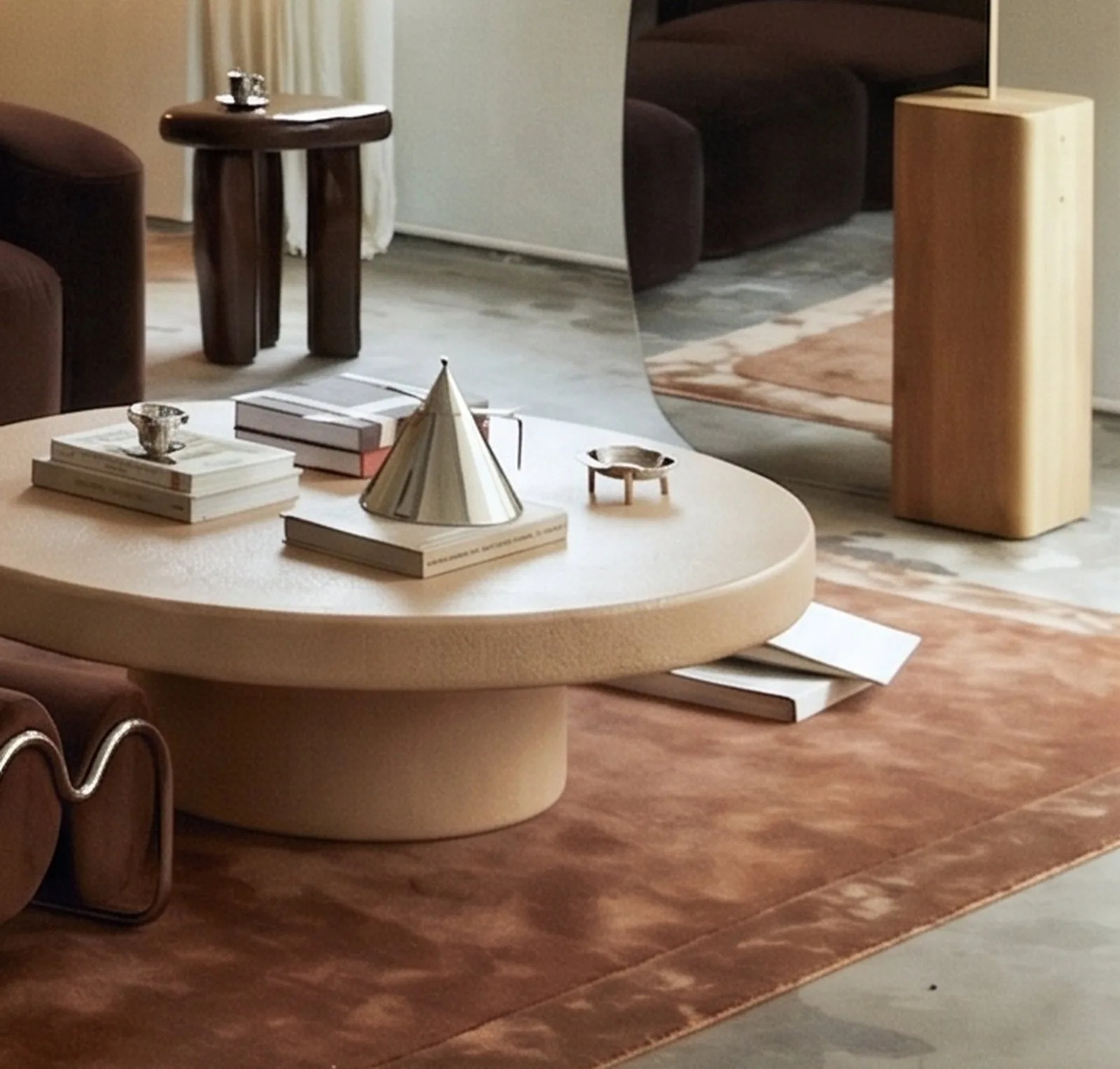 Milano round oyster concrete coffee table close-up with cone sculpture, books and brown velvet seating