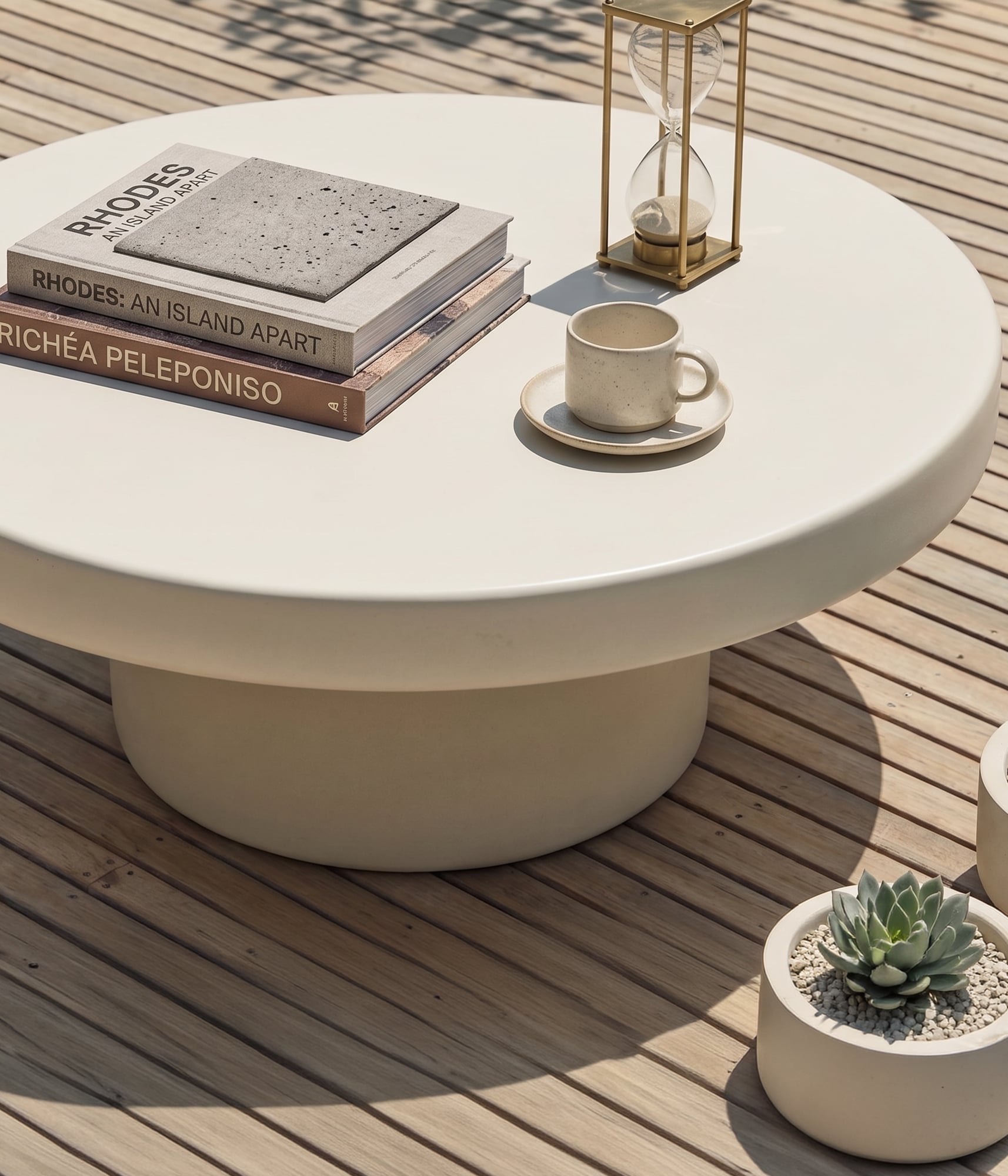 Milano white concrete coffee table on timber decking with stacked travel books, brass hourglass, espresso cup and succulent planter, overhead view