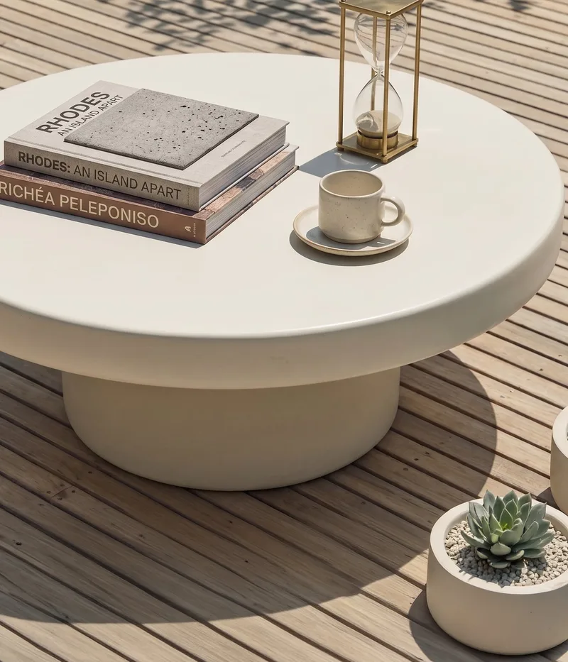 Milano white concrete coffee table on timber decking with stacked travel books, brass hourglass, espresso cup and succulent planter, overhead view