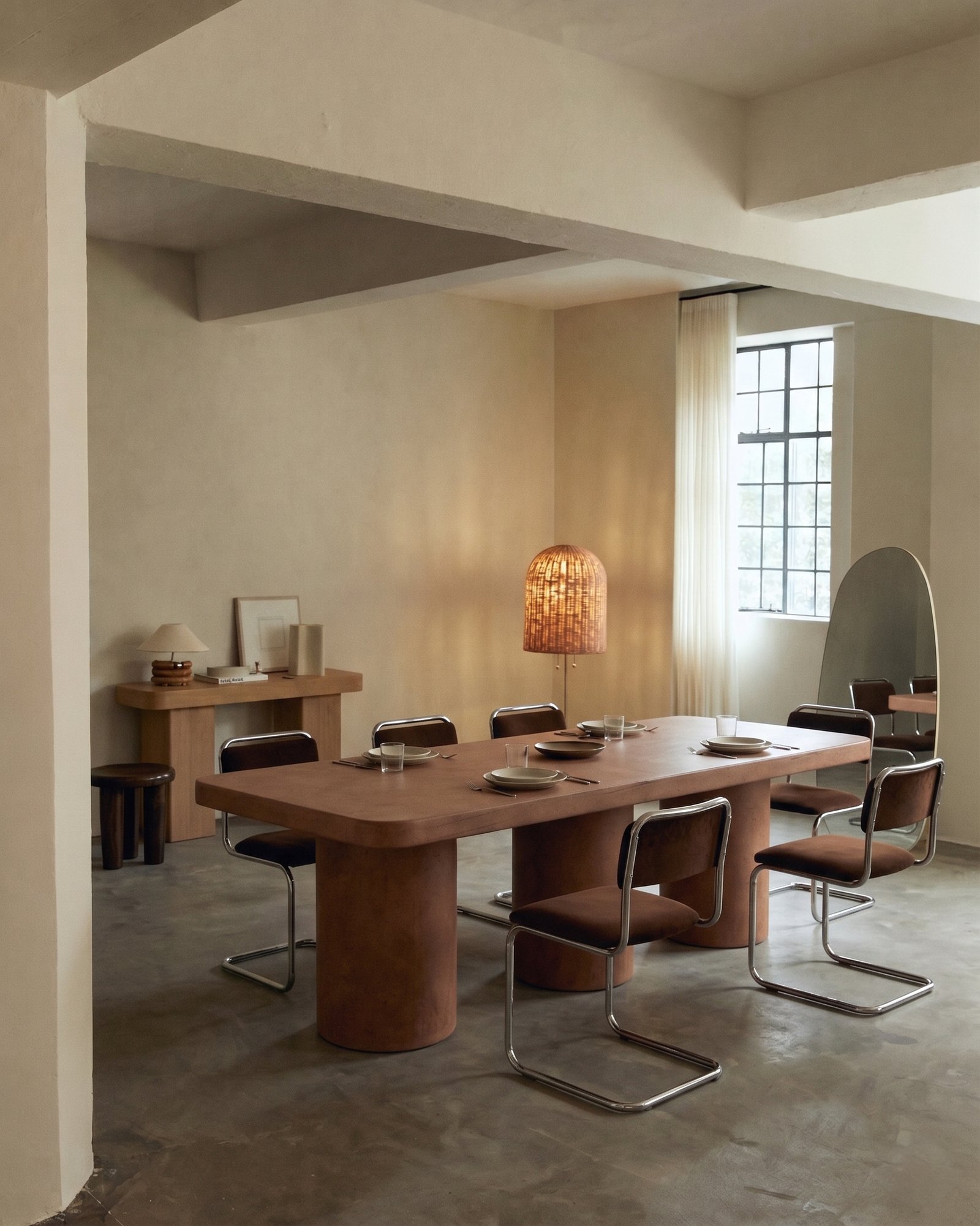 Milano rectangular concrete dining table in desert red pigment, with cantilever chairs and rattan lamp in a warm plaster-walled dining room