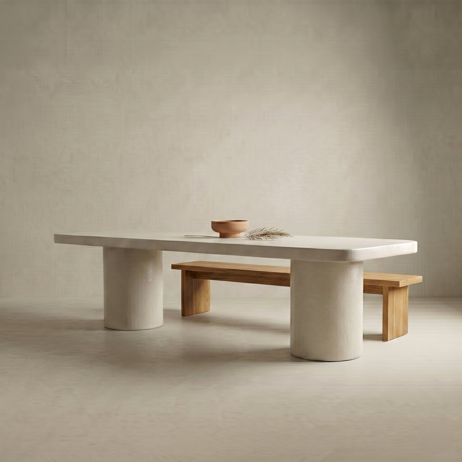 Milano rectangular white concrete dining table on twin cylindrical concrete pedestals, paired with a solid oak bench tucked alongside, terracotta bowl and dried grasses on top, studio render on a soft neutral backdrop