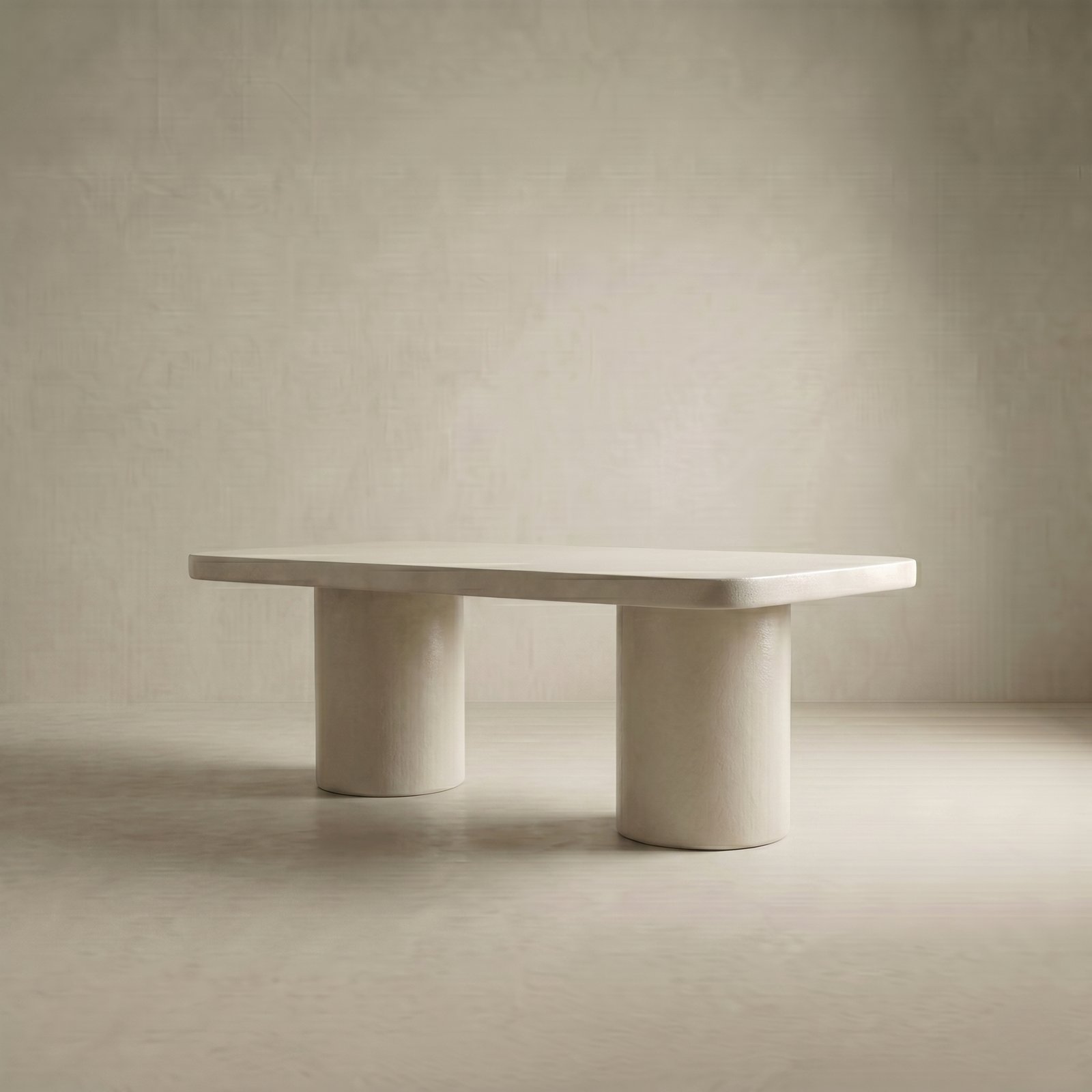 Milano rectangular white concrete dining table on twin cylindrical concrete pedestals, clean studio render on a soft neutral backdrop