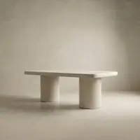 Milano rectangular white concrete dining table on twin cylindrical concrete pedestals, clean studio render on a soft neutral backdrop