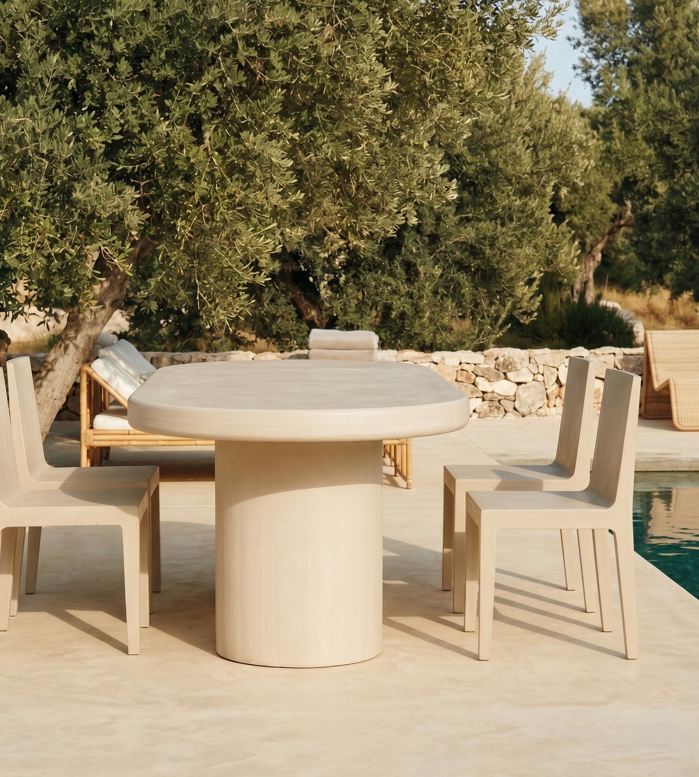Palermo oval concrete dining table by an infinity pool under an old olive tree, paired with parsons chairs and a rattan daybed