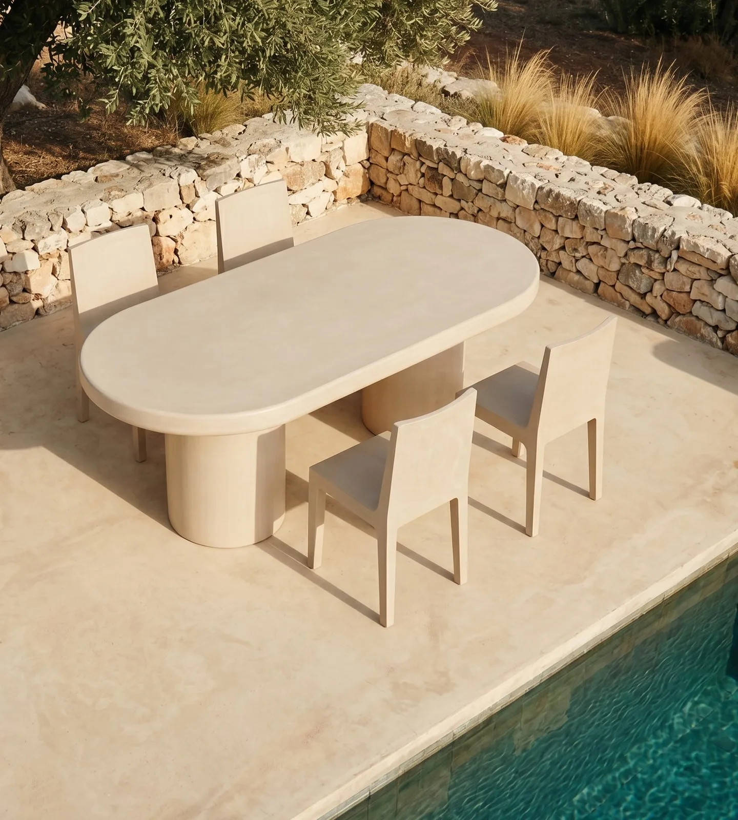 Palermo oval concrete dining table on a Mediterranean poolside terrace, parsons chairs and stacked-stone retaining wall with olive tree and golden grasses