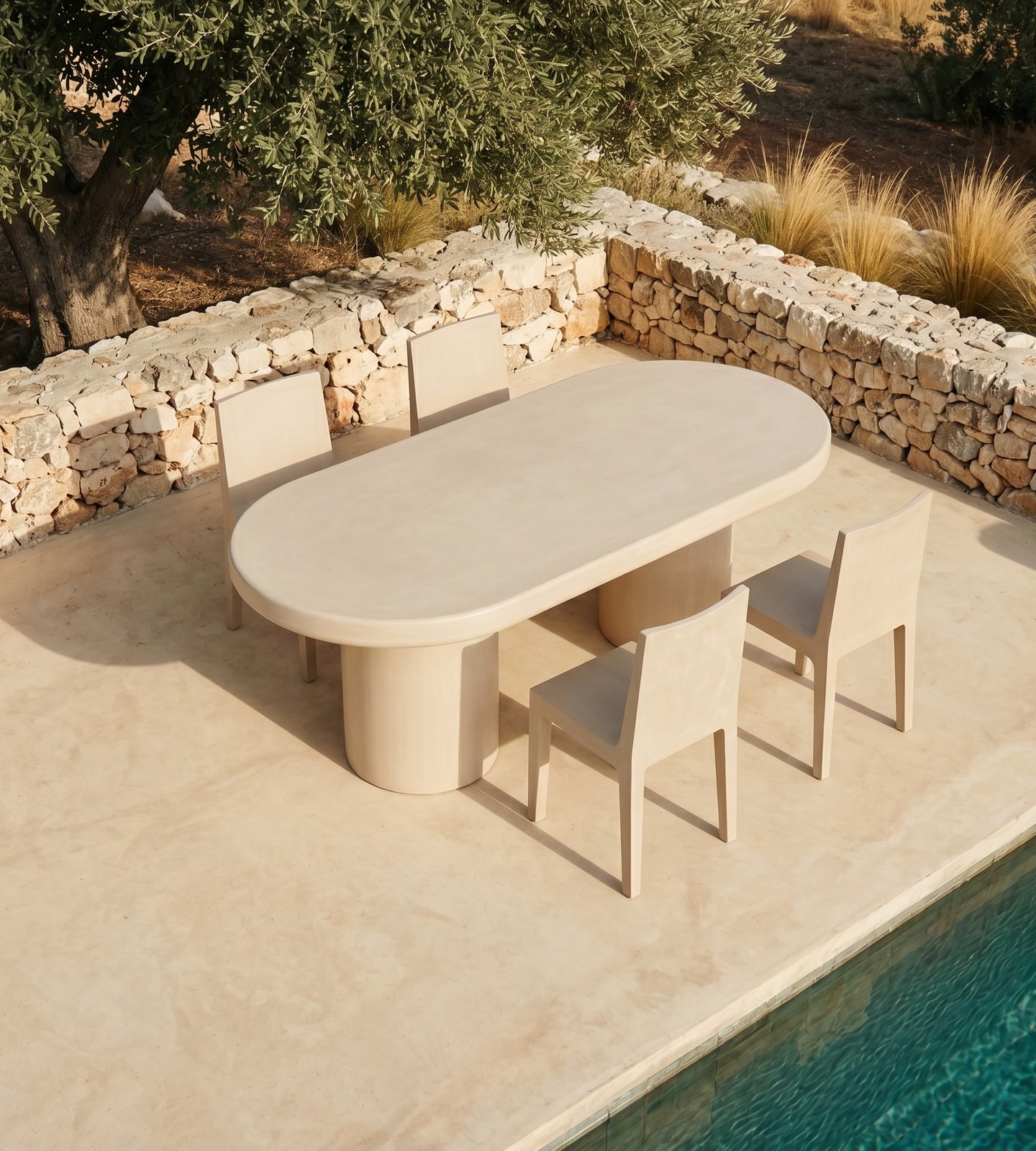 Palermo bone white concrete oval dining table on a Mediterranean poolside terrace, sage parsons chairs, stacked-stone retaining wall, mature olive tree and golden grasses