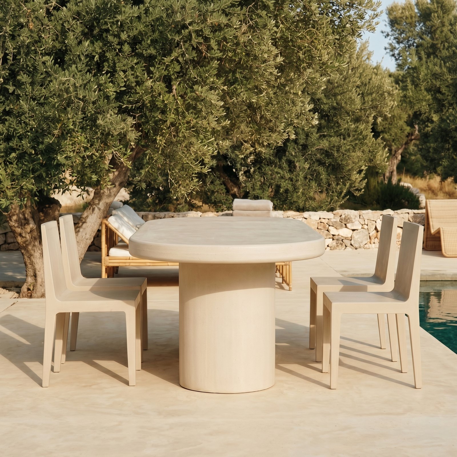 Close-up of the Palermo bone white concrete oval dining table on a poolside courtyard with sage parsons chairs, a rattan sun lounger and an old olive tree