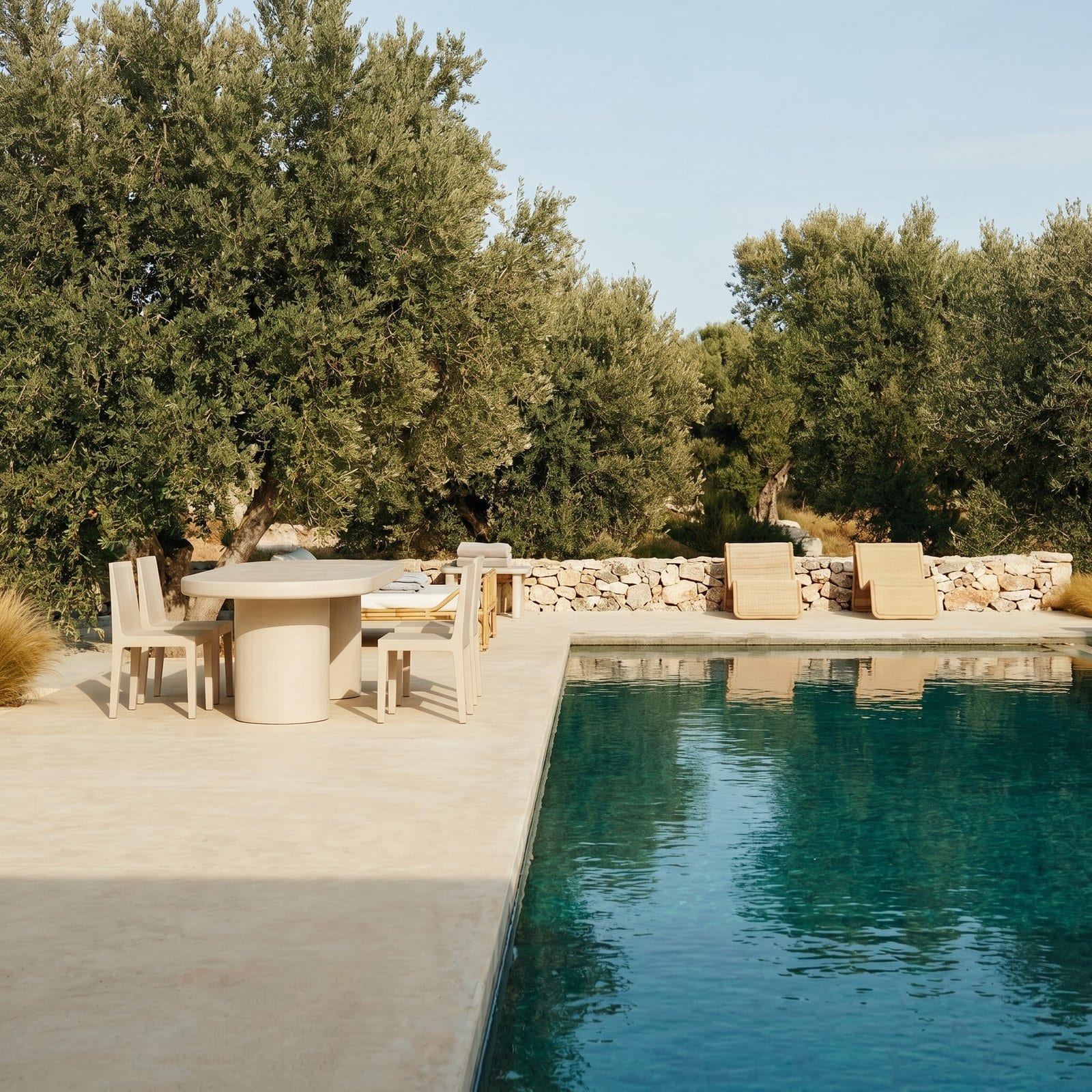 Wide view of the Palermo bone white concrete oval dining table by an infinity pool, paired with parsons chairs and a rattan daybed under an olive grove