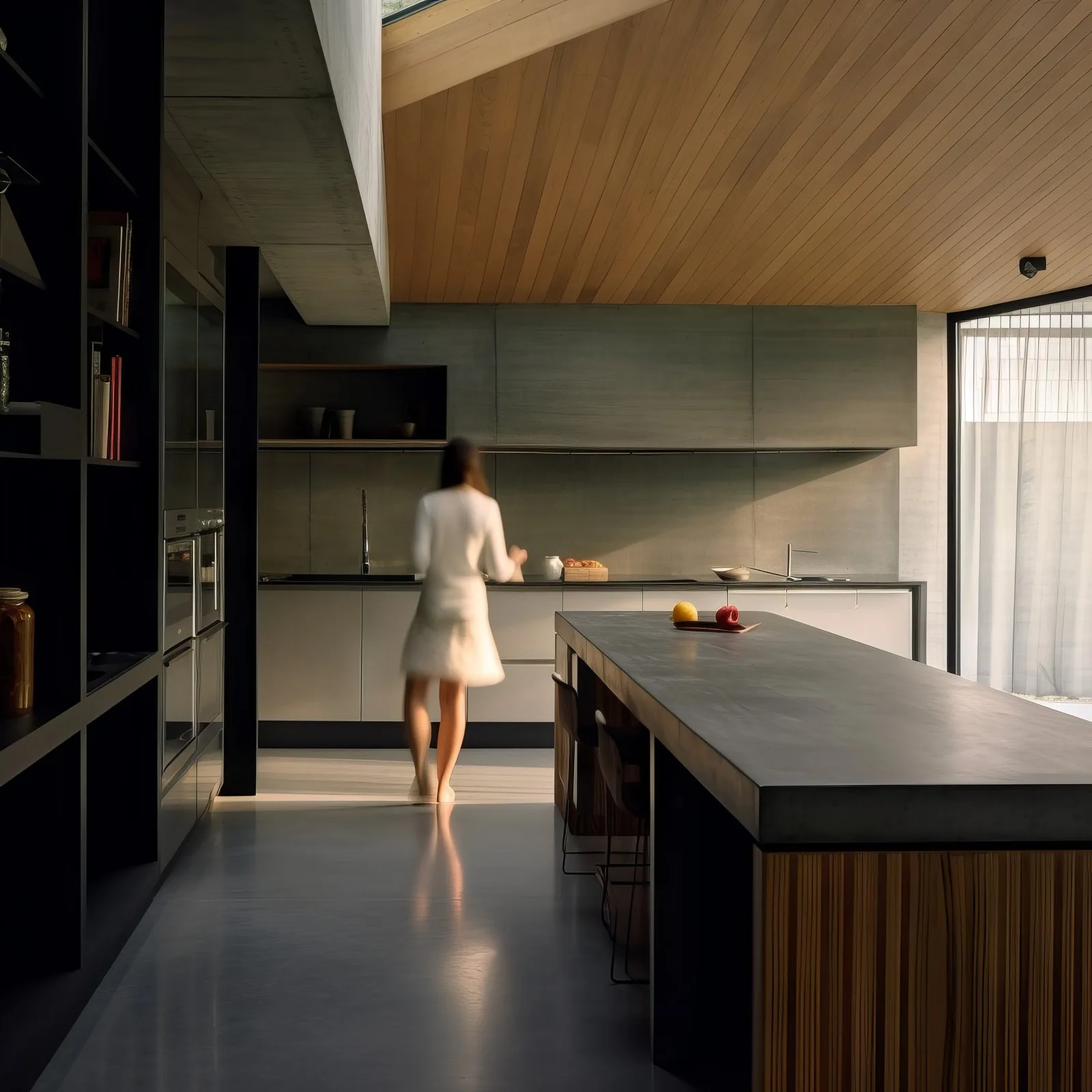A SnapCo concrete kitchen island benchtop in a Sorrento home with vaulted timber ceiling and concrete-render walls