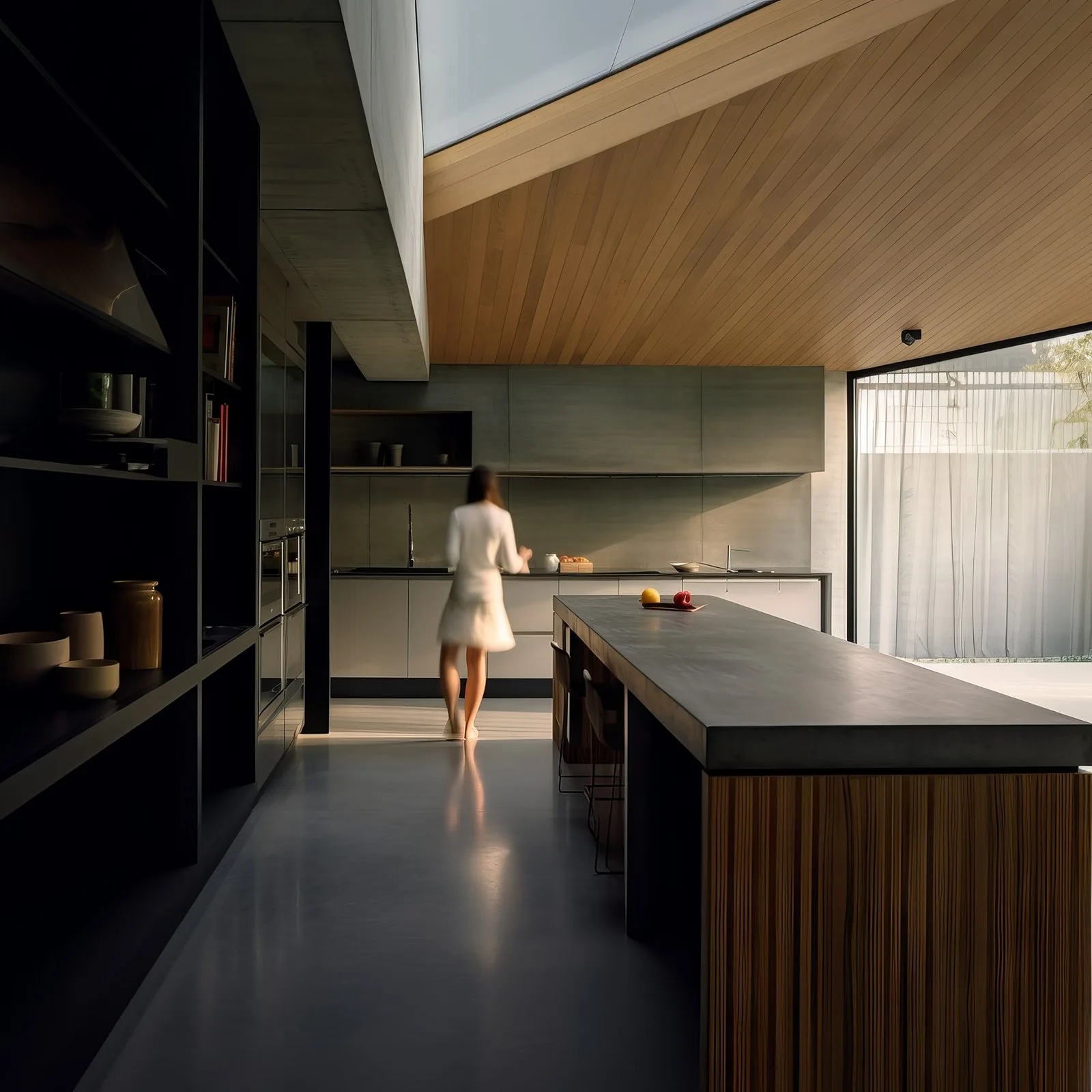 Bold concrete kitchen island as a standalone statement piece in a Sorrento Victoria coastal home with vaulted timber ceiling