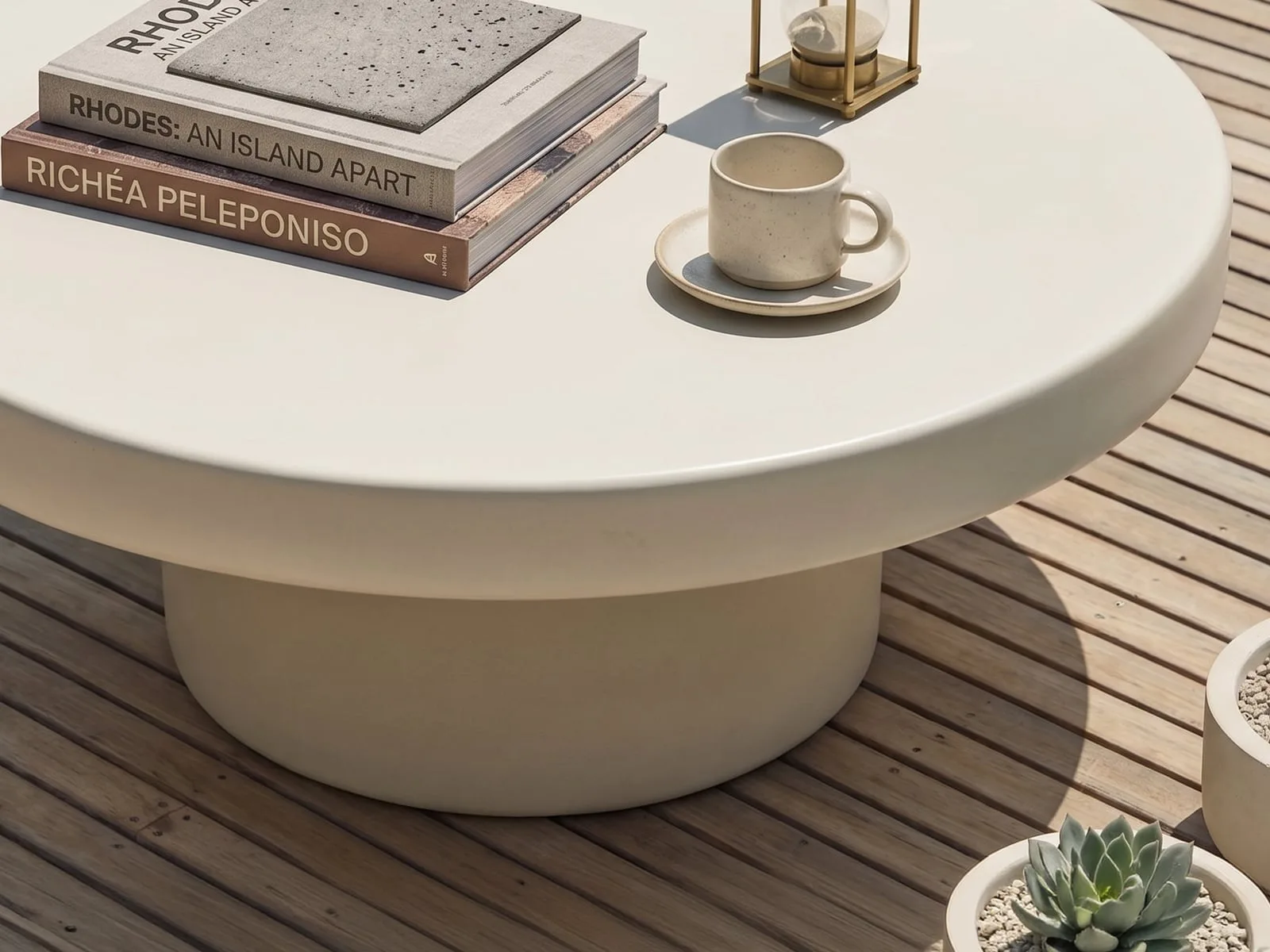 Bone-white concrete outdoor coffee table on a sunlit timber deck