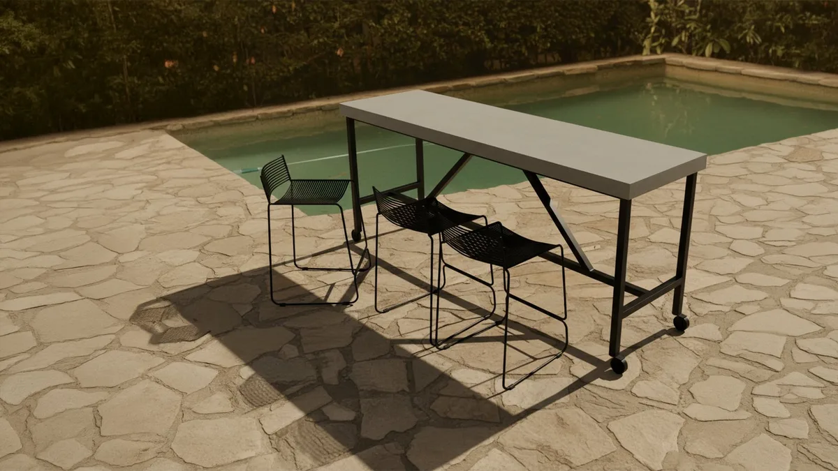 Santino round concrete bar table by SnapCo with a hand-cast top and pedestal base