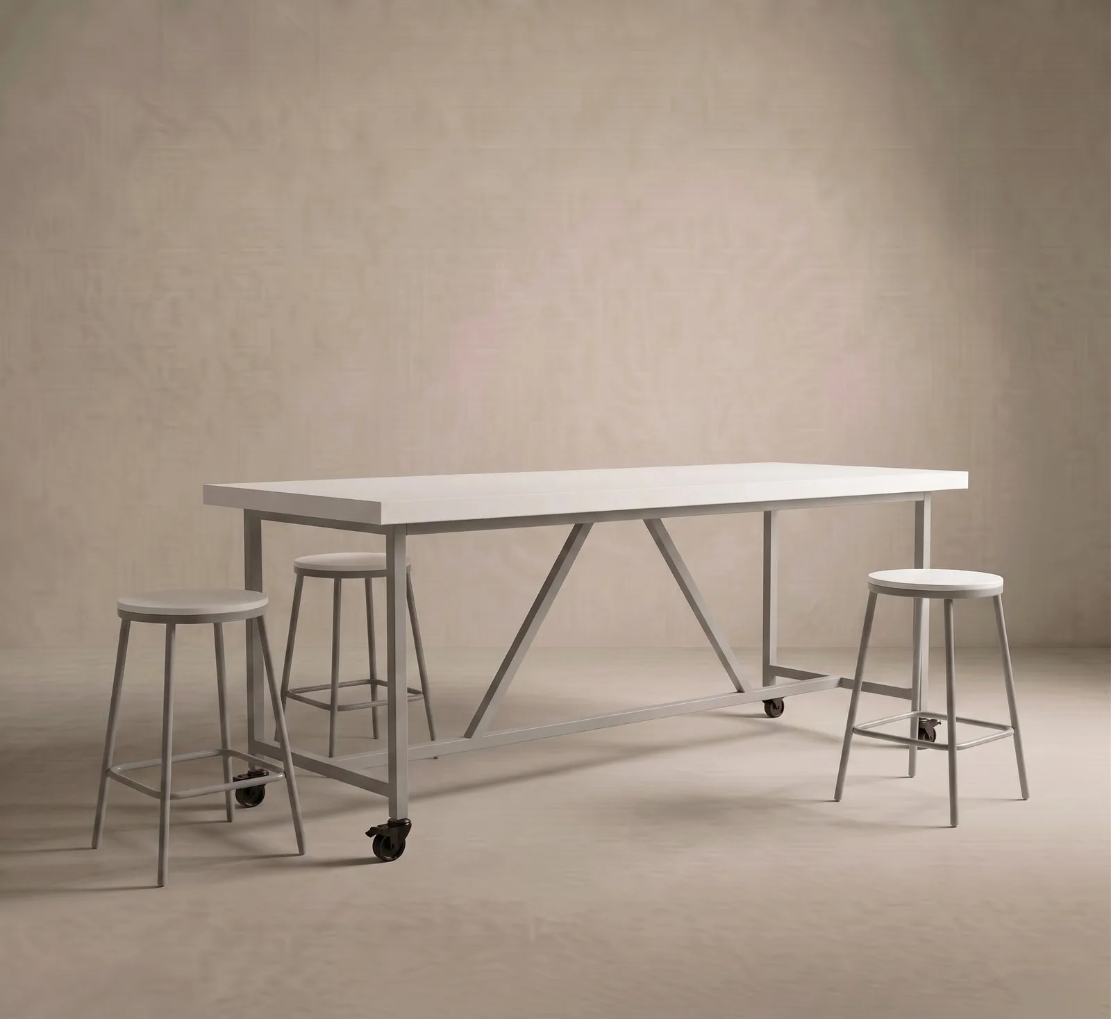 Santino concrete bar table in bone white with light steel legs, lockable caster wheels and matching round bar stools, studio render on a soft neutral backdrop