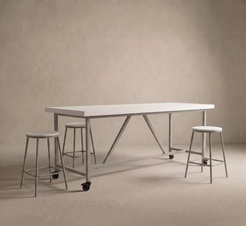 Santino concrete bar table in bone white with light steel legs, lockable caster wheels and matching round bar stools, studio render on a soft neutral backdrop