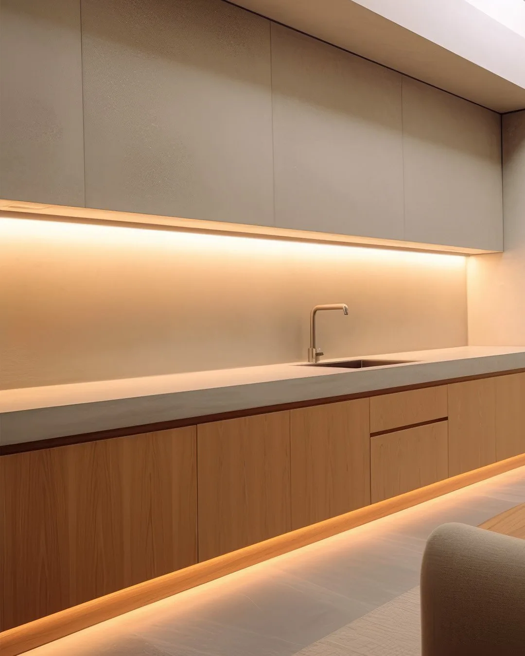 A concrete kitchen benchtop paired with warm oak cabinetry under accent lighting