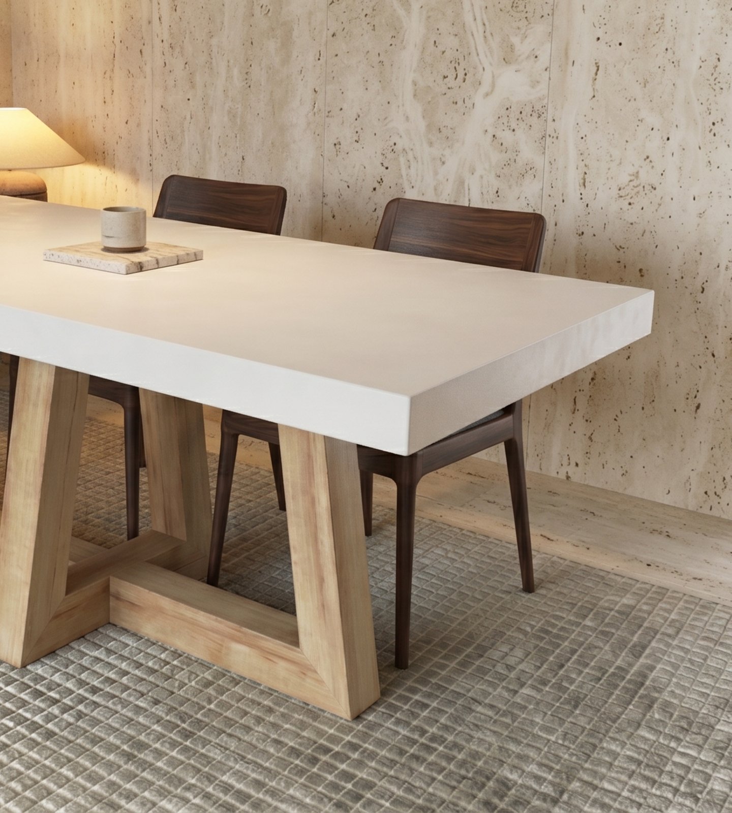 Corner detail of the TimberCross white concrete dining table with walnut chairs, a stone coaster and ceramic vessel on a travertine-walled set