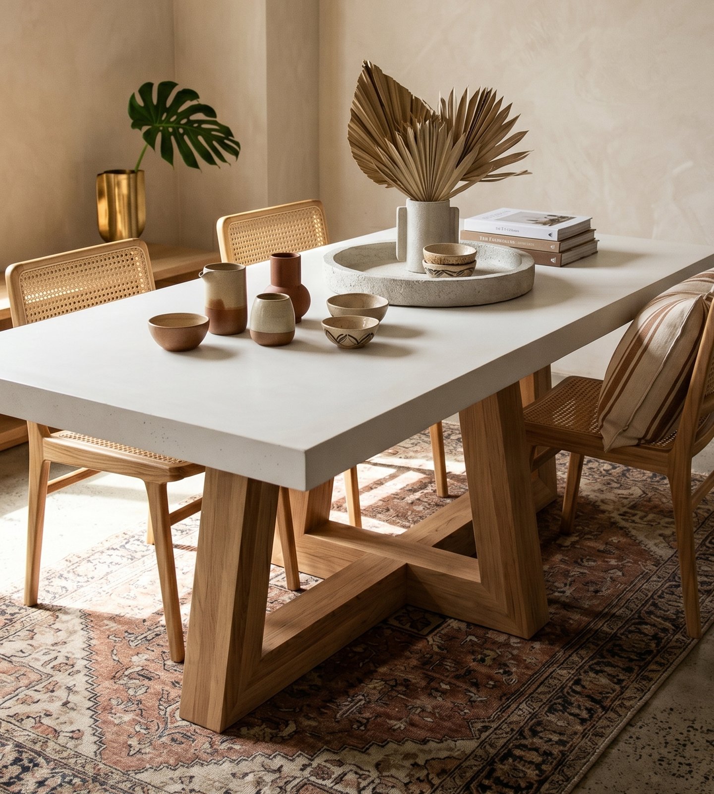 Overhead view of the TimberCross white concrete dining table with cane chairs, stoneware vessels, dried palms and a stone tray on a persian rug