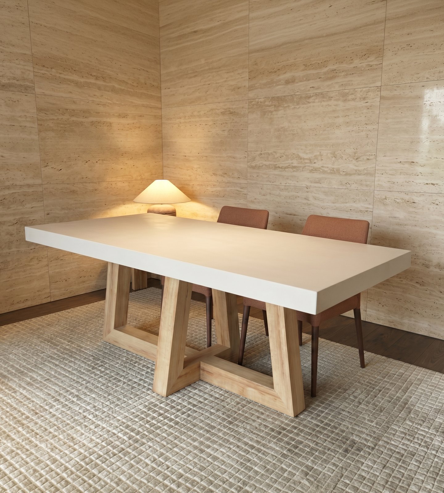 TimberCross white concrete dining table in a travertine-walled dining room with a warm dome lamp and rust-coloured upholstered chairs