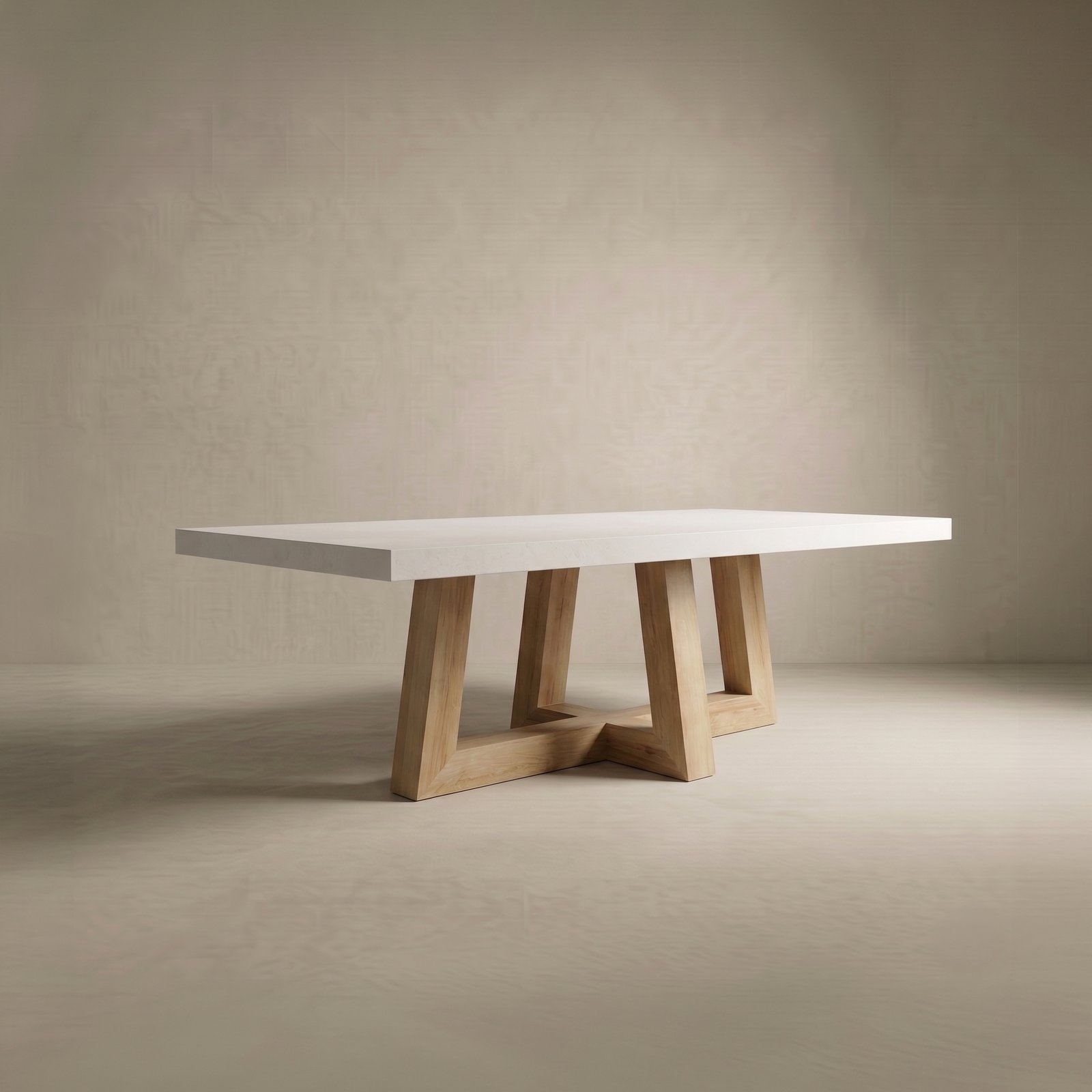 TimberCross concrete dining table in bone white with the natural-oak crossing trestle base, studio render on a soft neutral backdrop