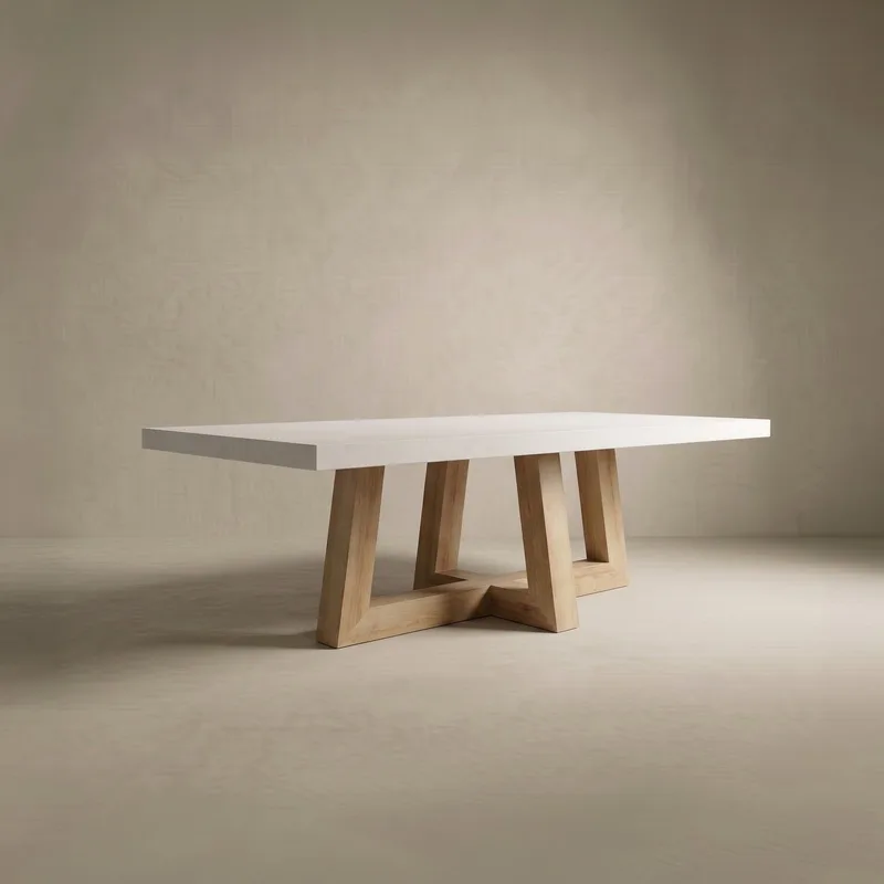 TimberCross concrete dining table in bone white with the natural-oak crossing trestle base, studio render on a soft neutral backdrop