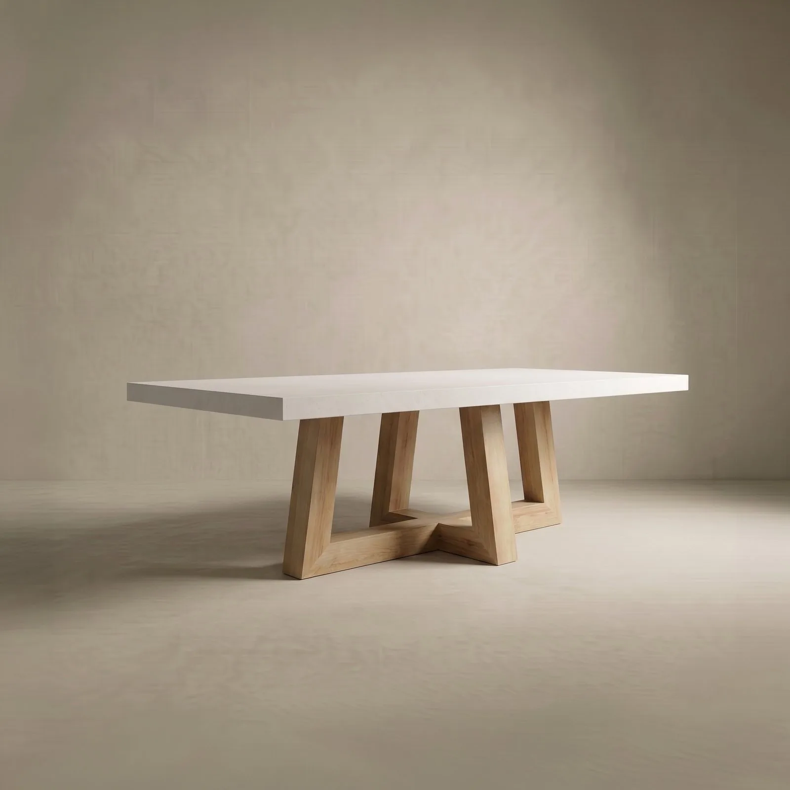 TimberCross concrete dining table in bone white with the natural-oak crossing trestle base, studio render on a soft neutral backdrop