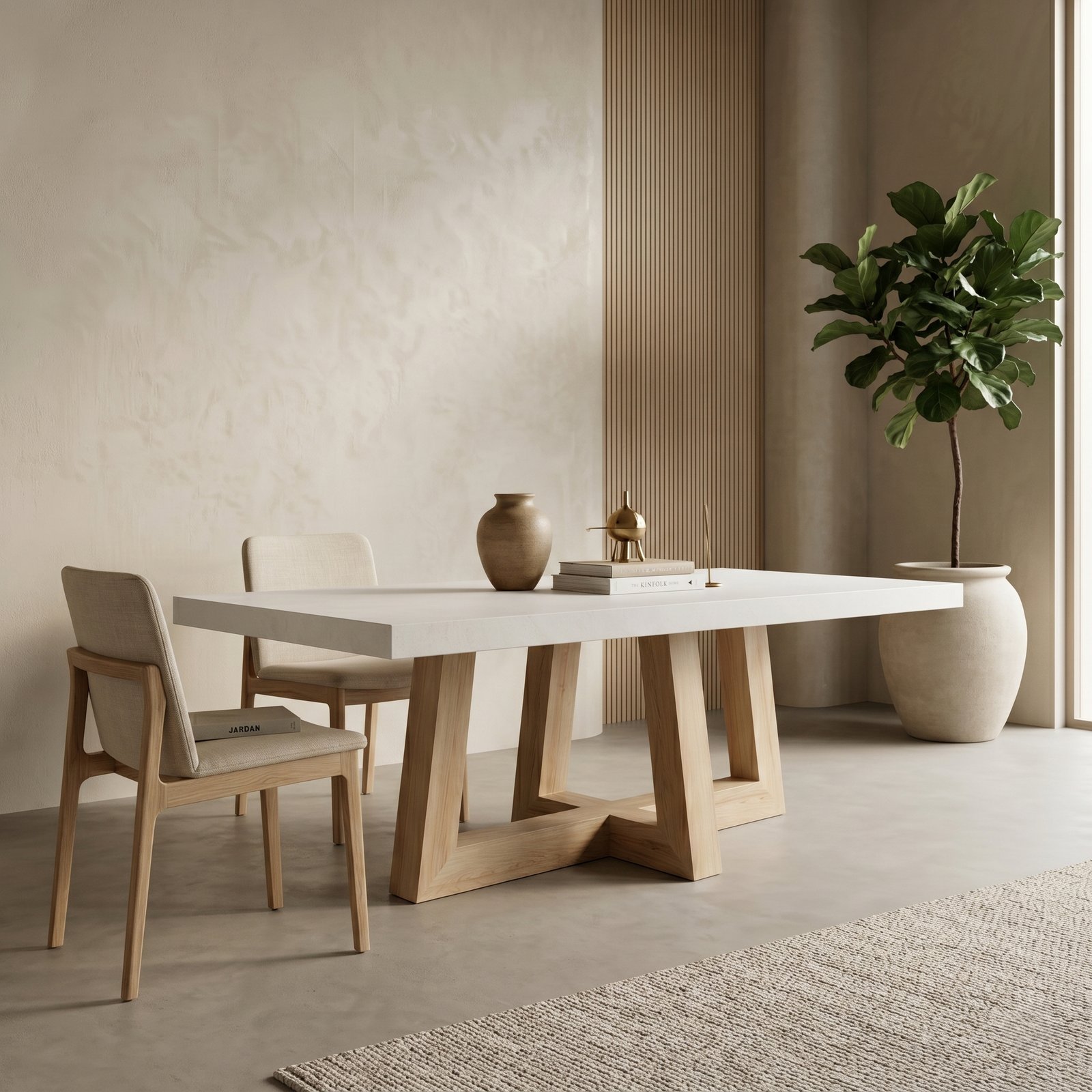 TimberCross concrete dining table in a minimalist plaster-walled room with oak chairs, fluted timber panelling and fiddle-leaf fig