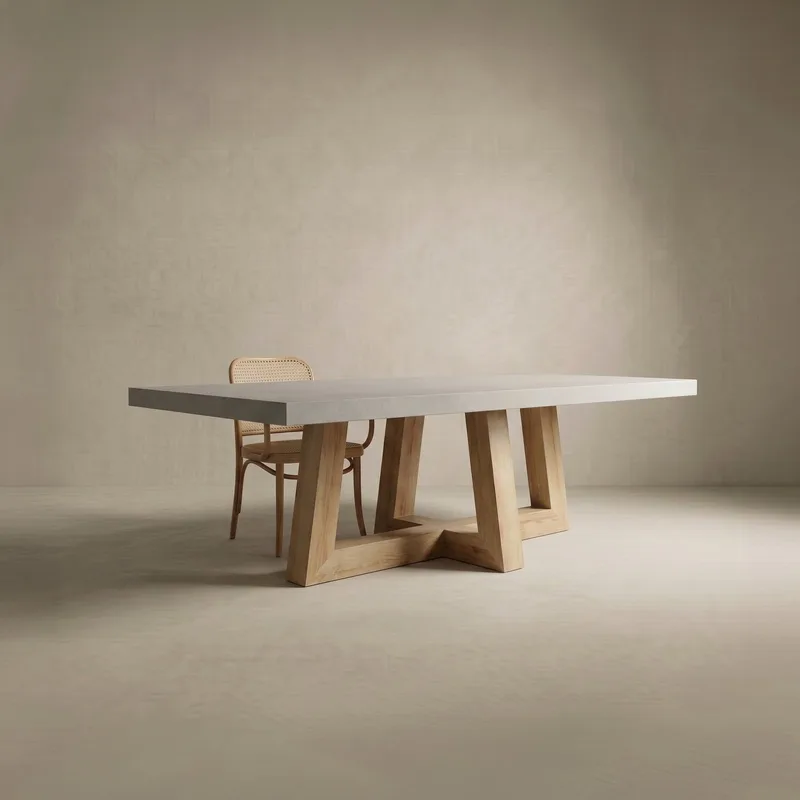 TimberCross concrete dining table with cane chair, light grey top on natural oak legs, studio shot