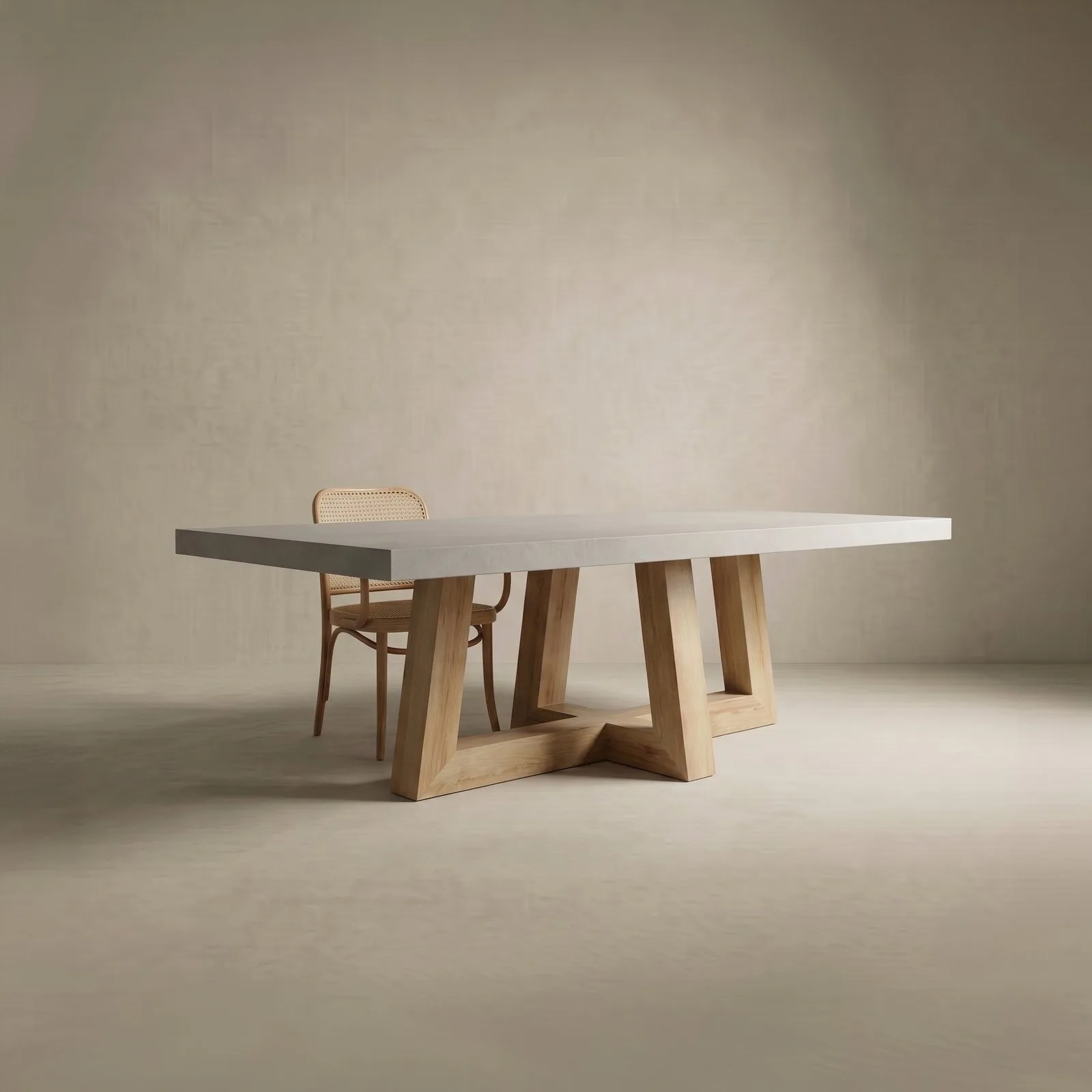 TimberCross concrete dining table with cane chair, light grey top on natural oak legs, studio shot
