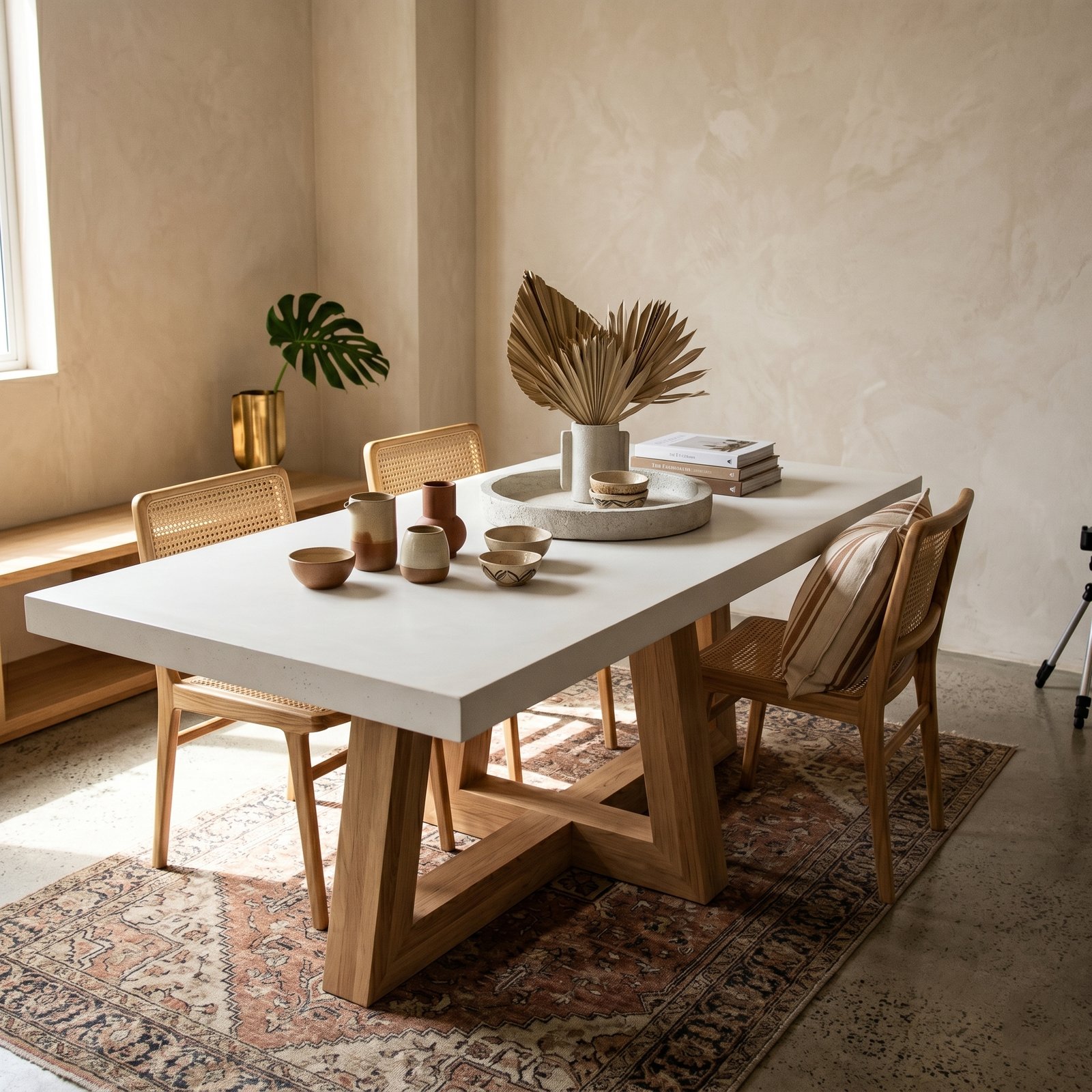 TimberCross concrete dining table styled with cane chairs, dried palm fronds, ceramic bowls and a Persian rug in a sunlit dining room