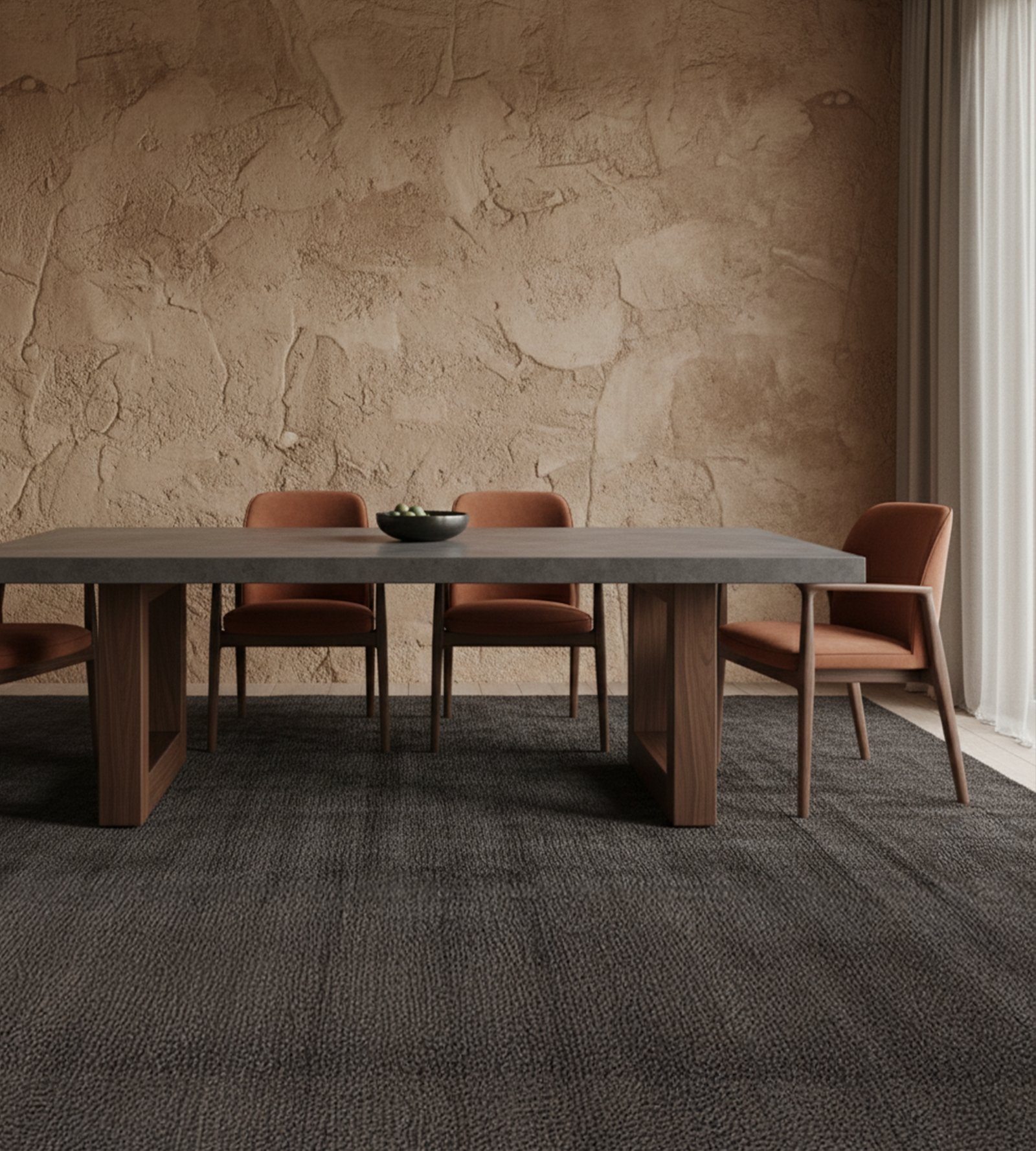 TimberStone concrete dining table with terracotta chairs against a textured plaster wall