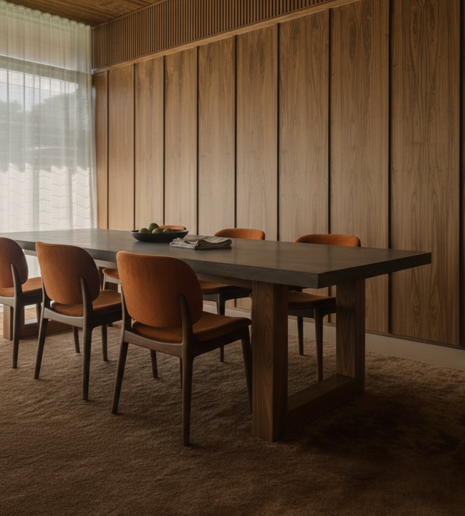 TimberStone concrete dining table in a warm timber-panelled dining room with orange velvet chairs