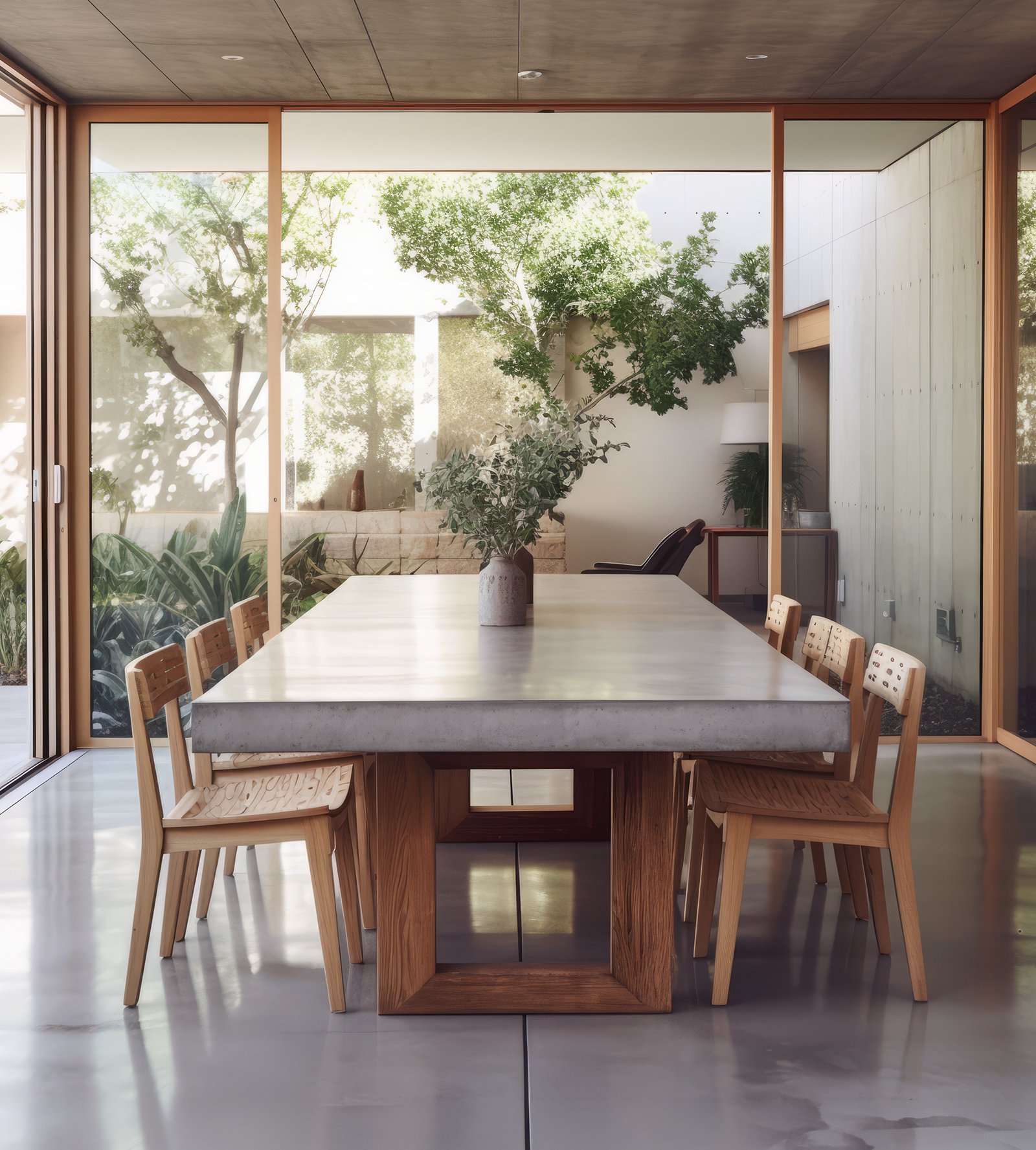 TimberStone concrete dining table in a glass-walled room with timber chairs and garden view