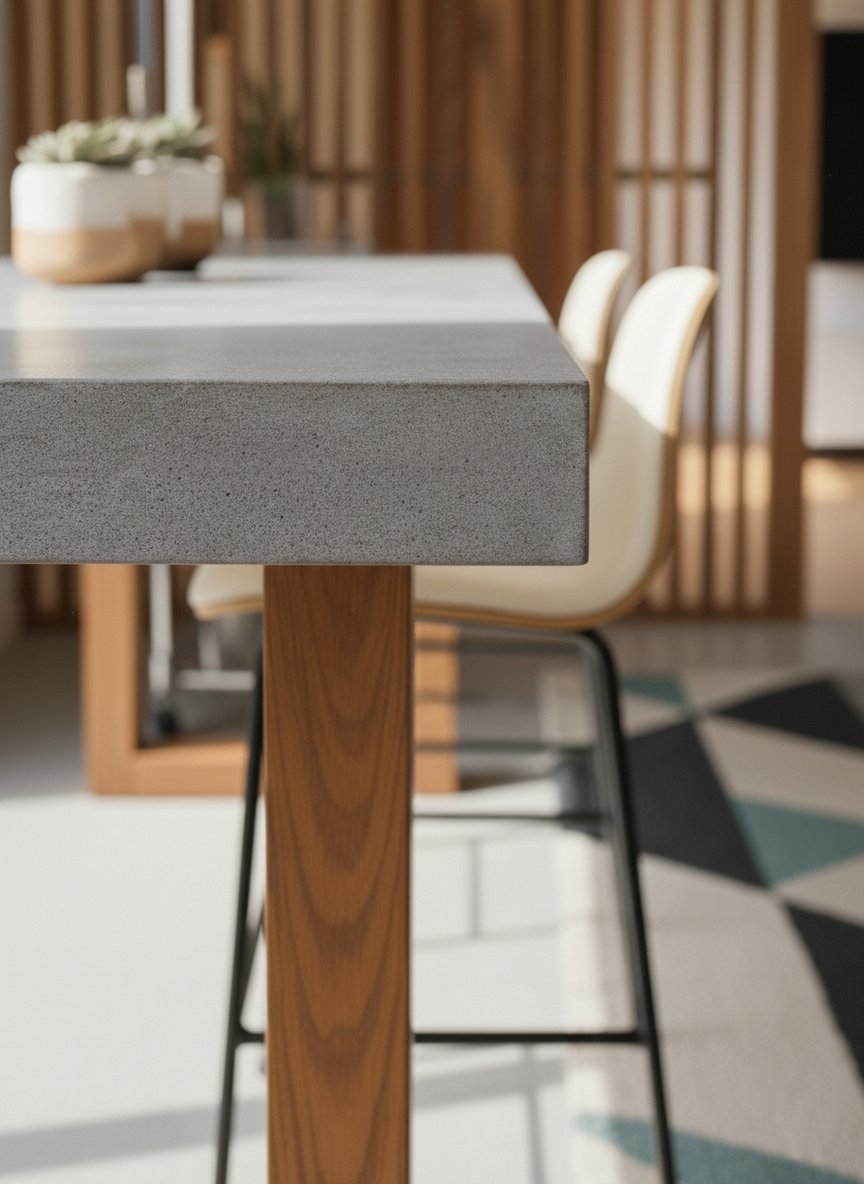 Close-up detail of the TimberStone concrete bar table edge with light timber leg