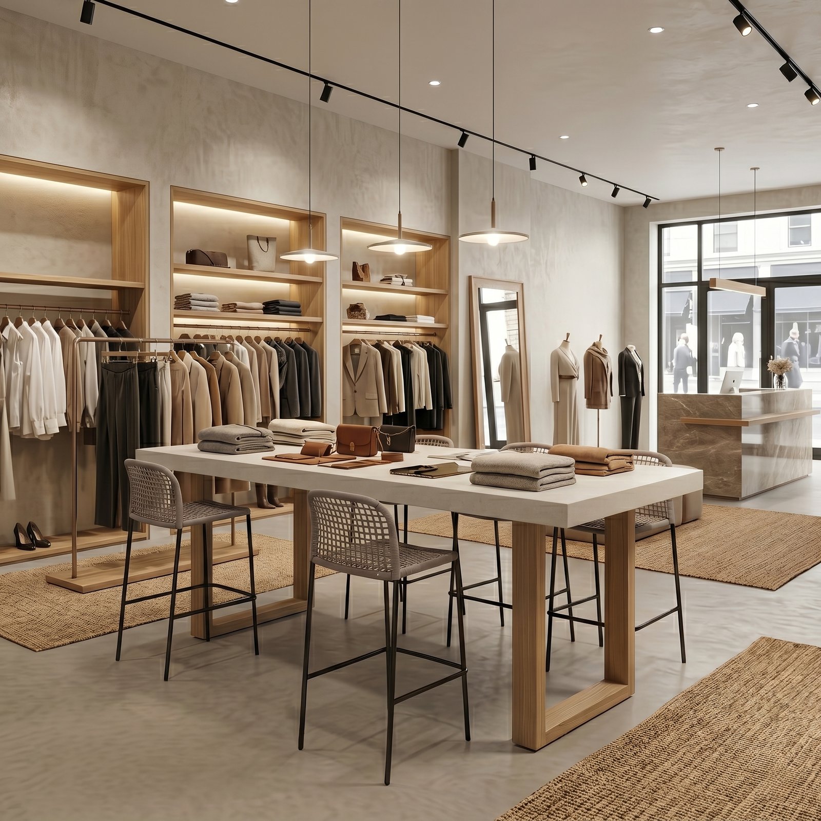 TimberStone concrete bar table used as a display counter in a high-end boutique retail interior with timber shelving and pendant lighting