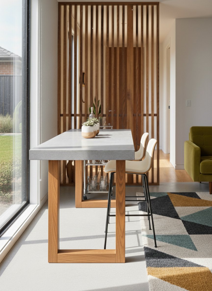 TimberStone concrete bar table in a sunlit interior with timber slat wall and cream bar stools
