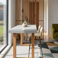 TimberStone concrete bar table in a sunlit interior with timber slat wall and cream bar stools
