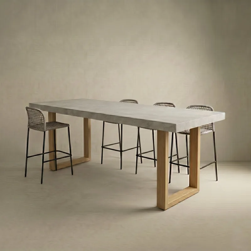 TimberStone concrete bar table studio render with light timber square-frame legs and woven bar stools