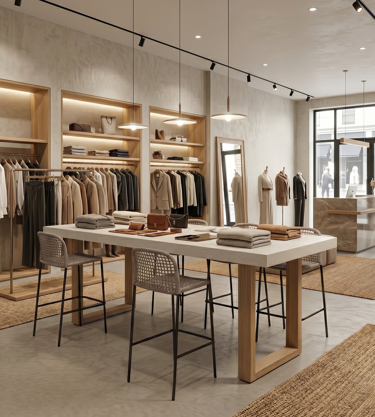 TimberStone white concrete bar table used as a display counter in a fashion boutique with rope-back bar stools, pendant lighting and oak shelving