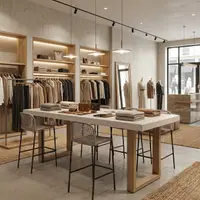 TimberStone white concrete bar table used as a display counter in a fashion boutique with rope-back bar stools, pendant lighting and oak shelving