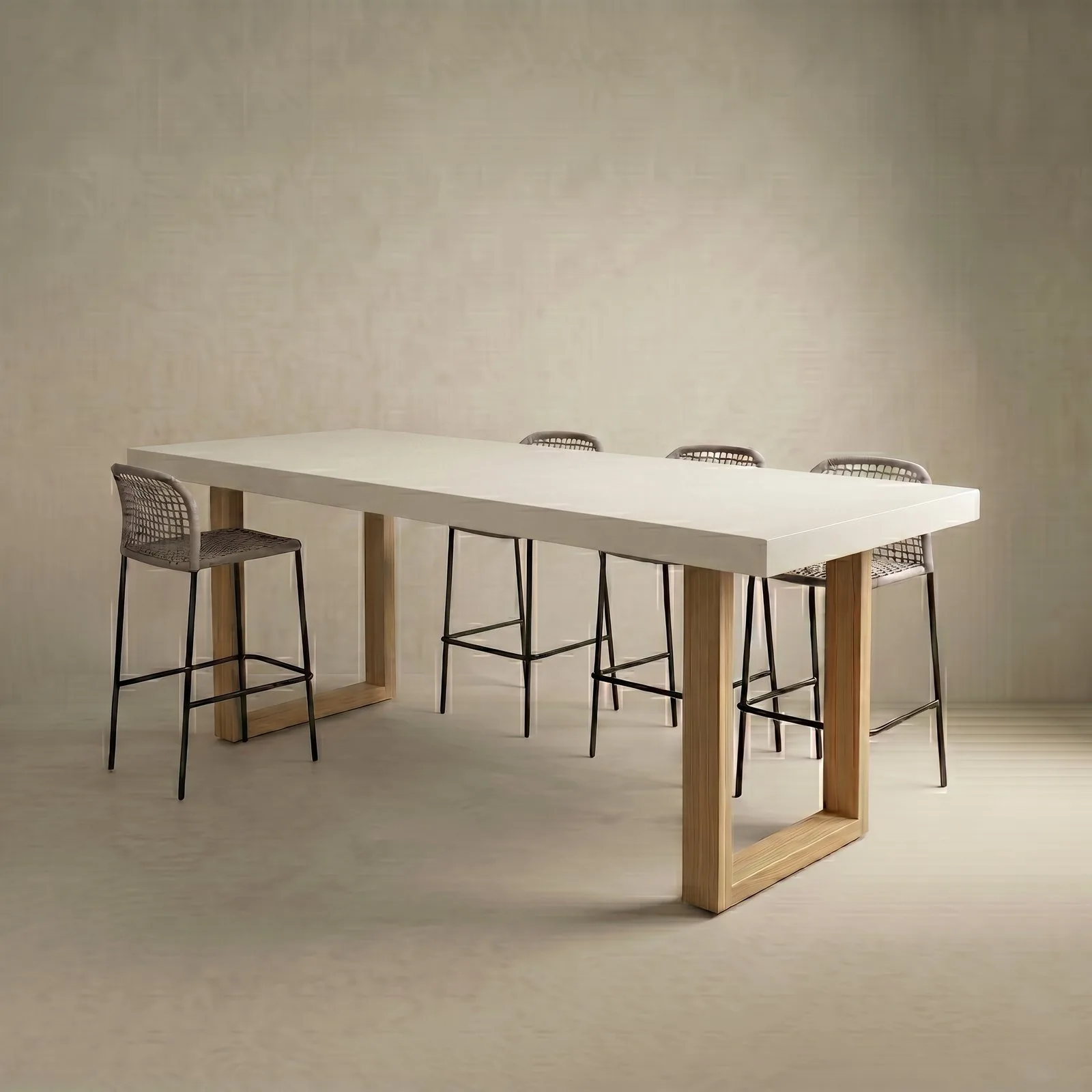 TimberStone concrete bar table in bone white with natural-oak block legs and woven bar stools, studio render on a soft neutral backdrop